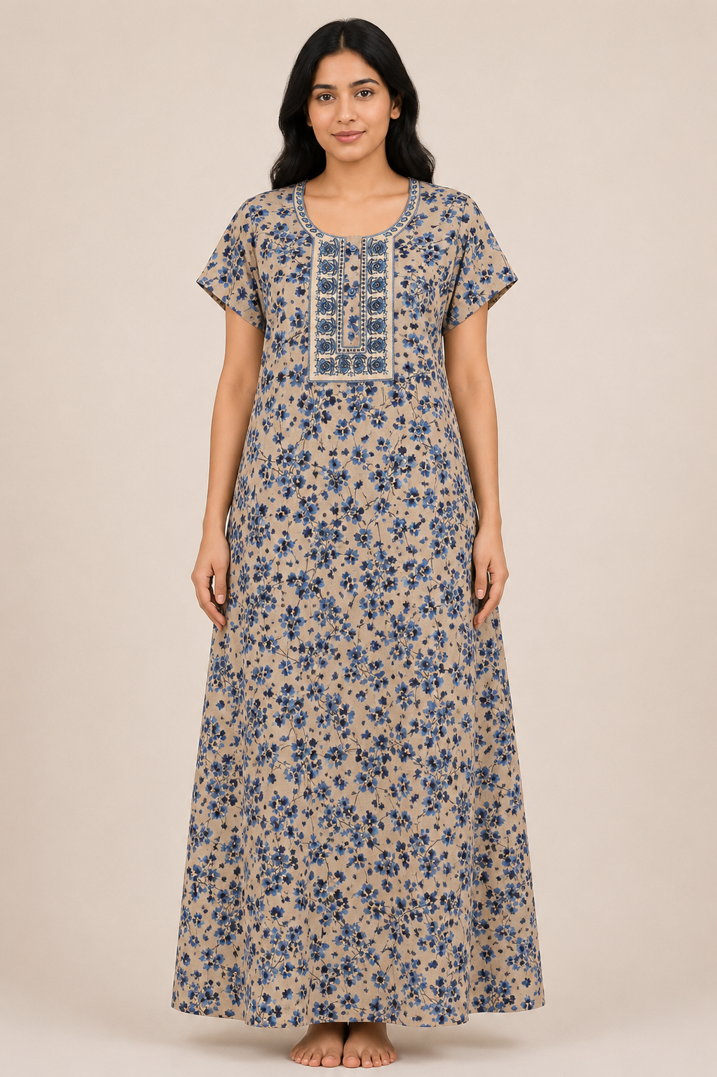 Women's greyish beige Floral Print Maxi Nighty Rayon Fabric Front Open
