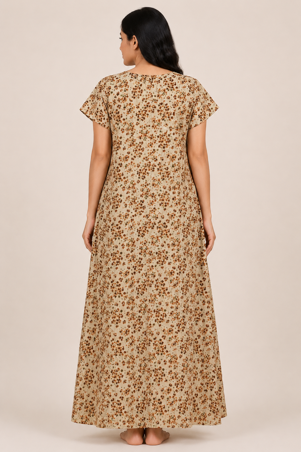 Women's Khaki Grey Floral Print Maxi Nighty Rayon Fabric Front Open