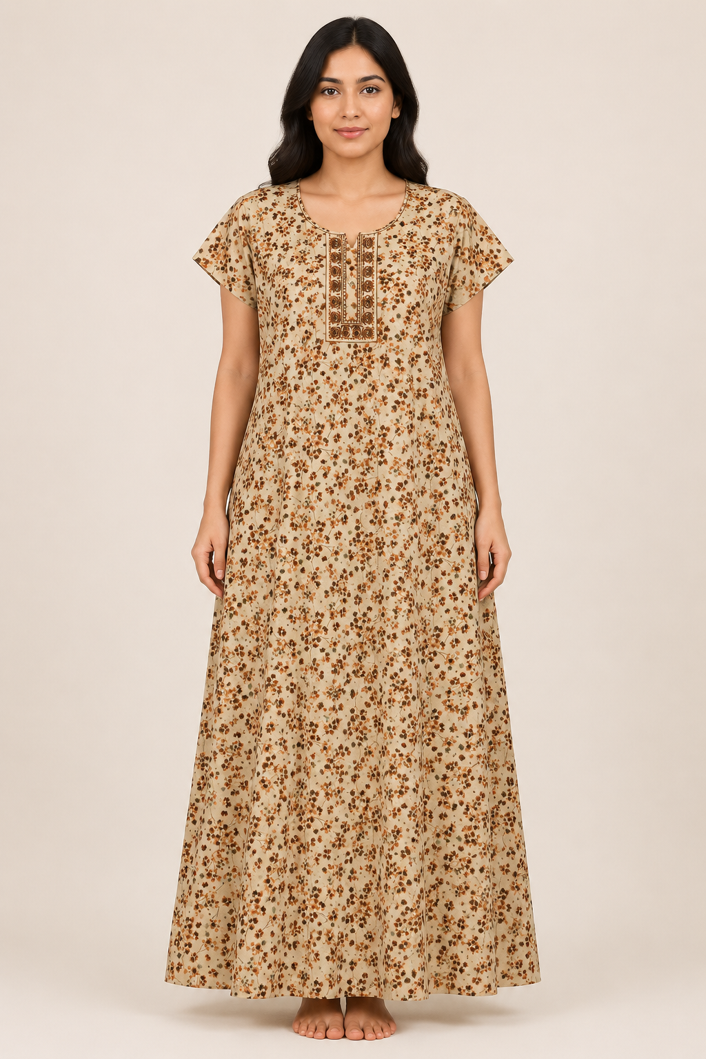 Women's Khaki Grey Floral Print Maxi Nighty Rayon Fabric Front Open