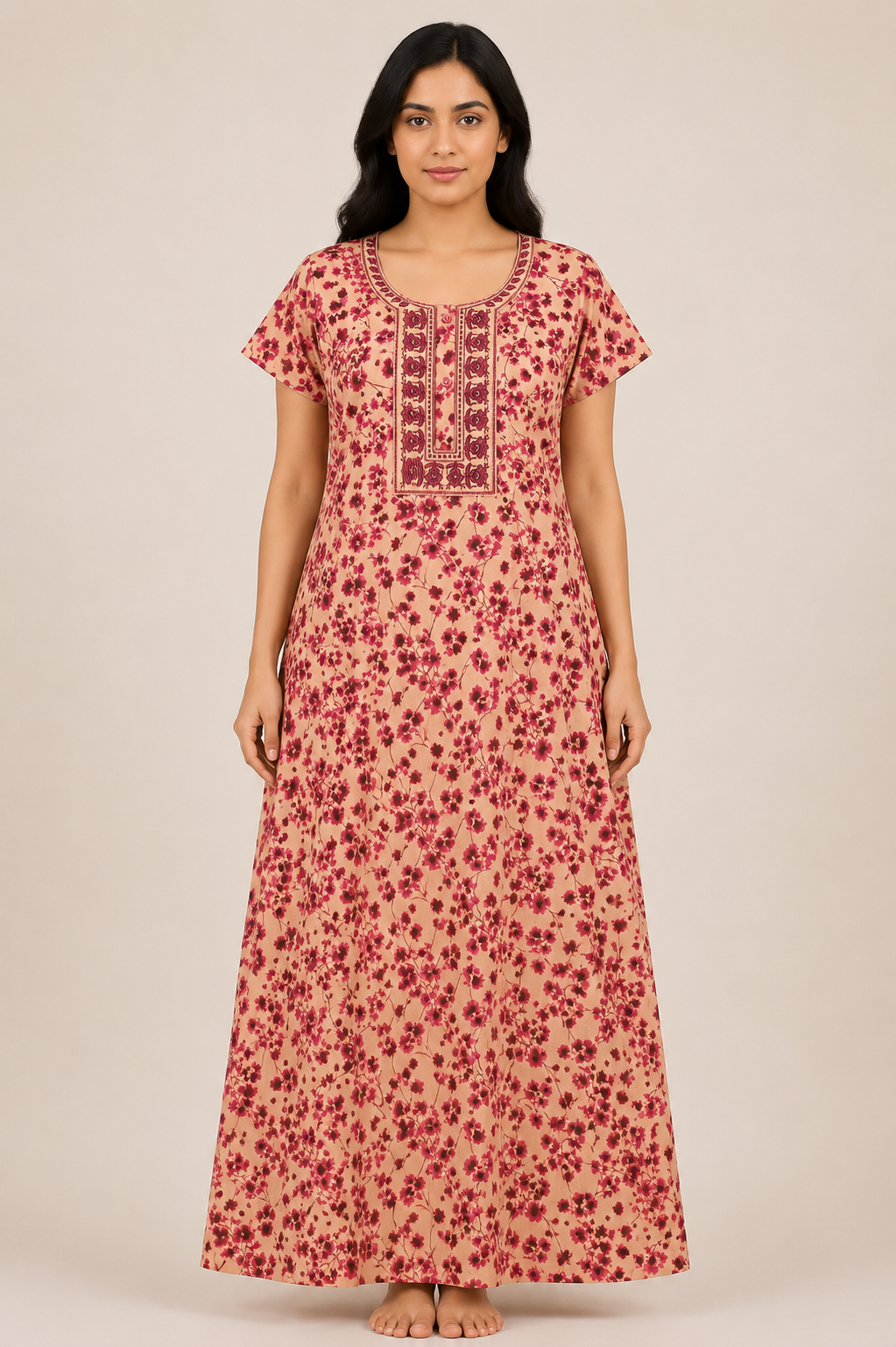 Women's peach/maroon Floral Print Maxi Nighty Rayon Fabric Front Open