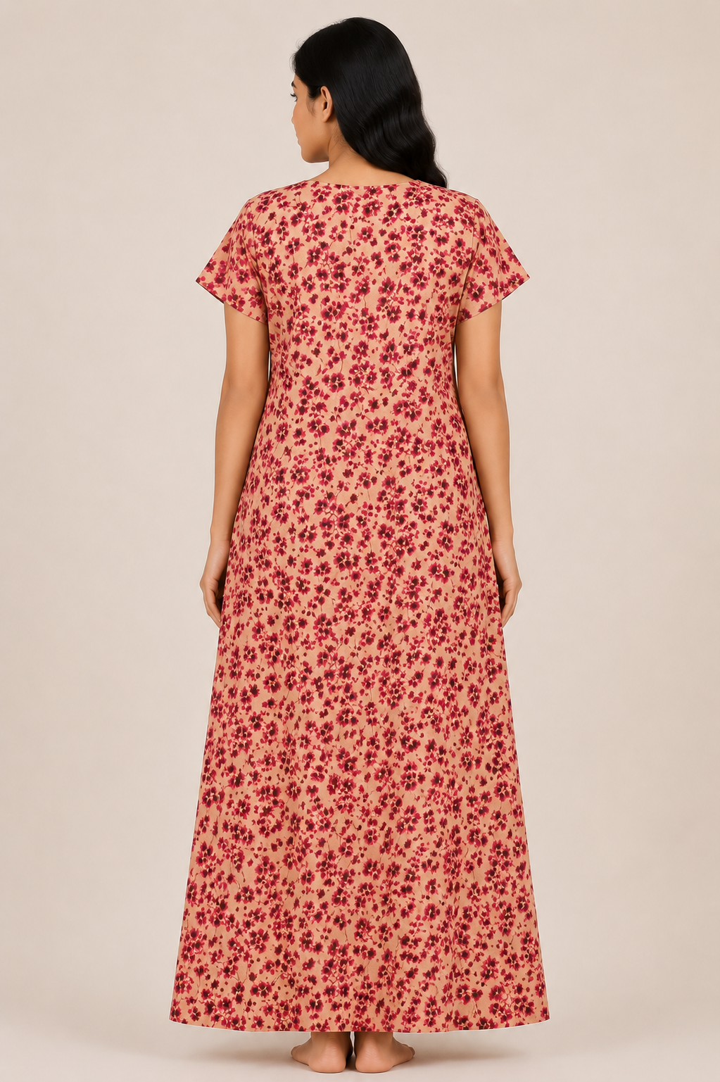 Women's peach/maroon Floral Print Maxi Nighty Rayon Fabric Front Open