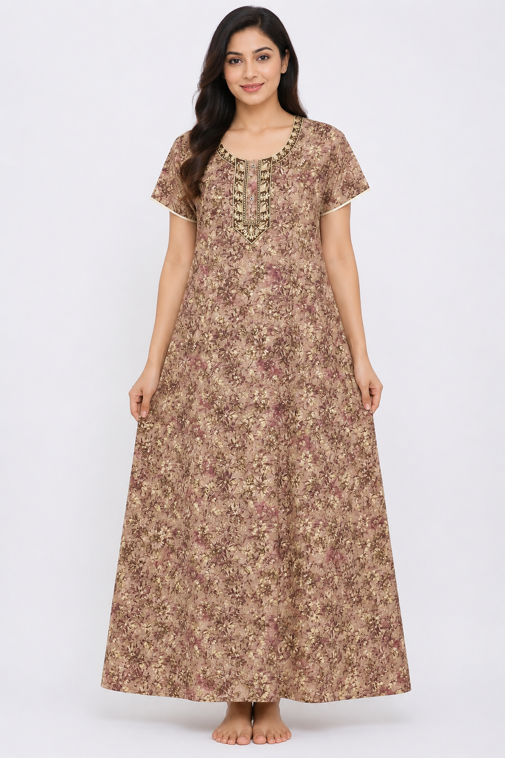 Women's Coffee Brown Floral Print Maxi Nighty Rayon Fabric Embroidered Yoke