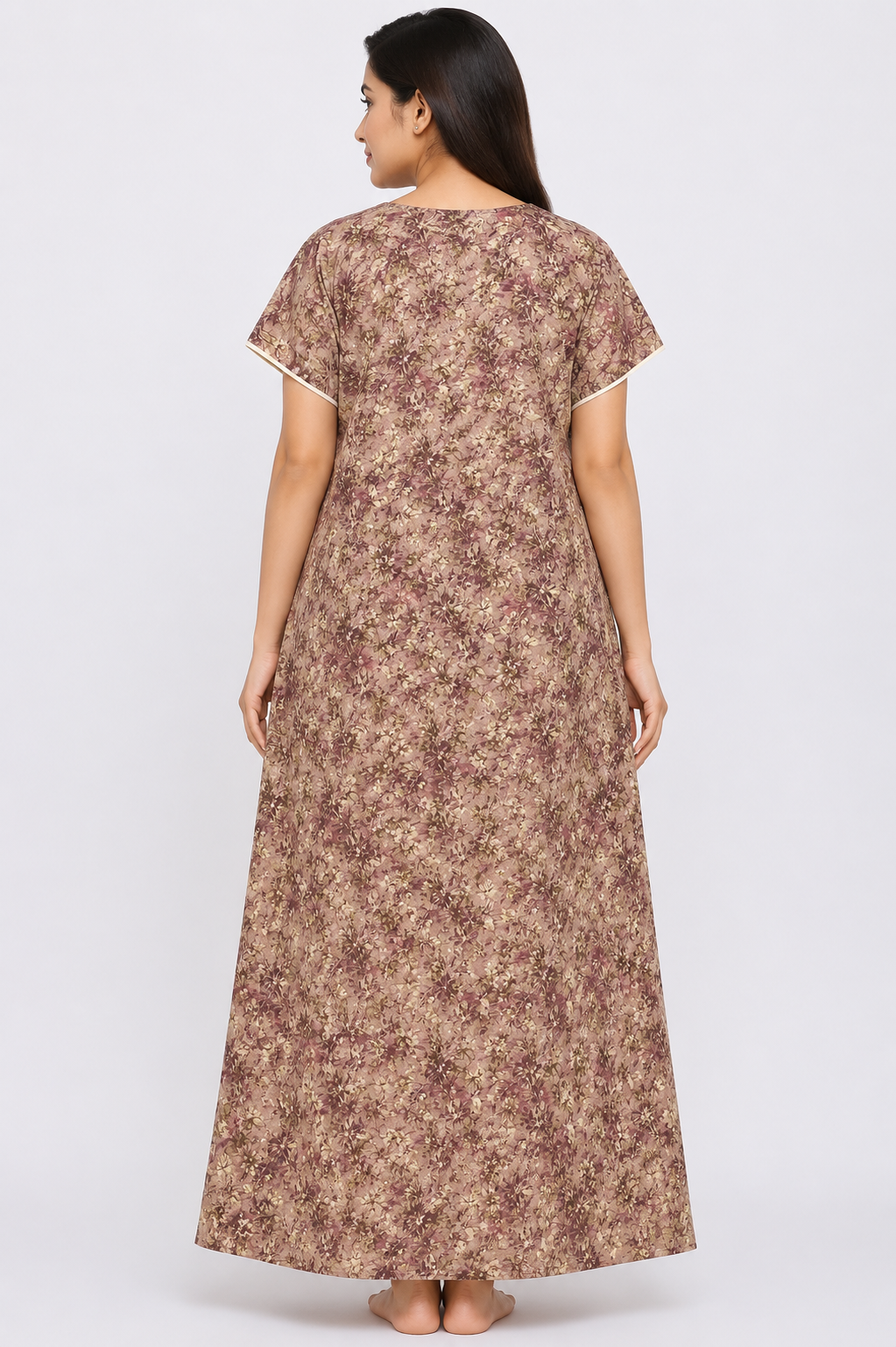 Women's Coffee Brown Floral Print Maxi Nighty Rayon Fabric Embroidered Yoke