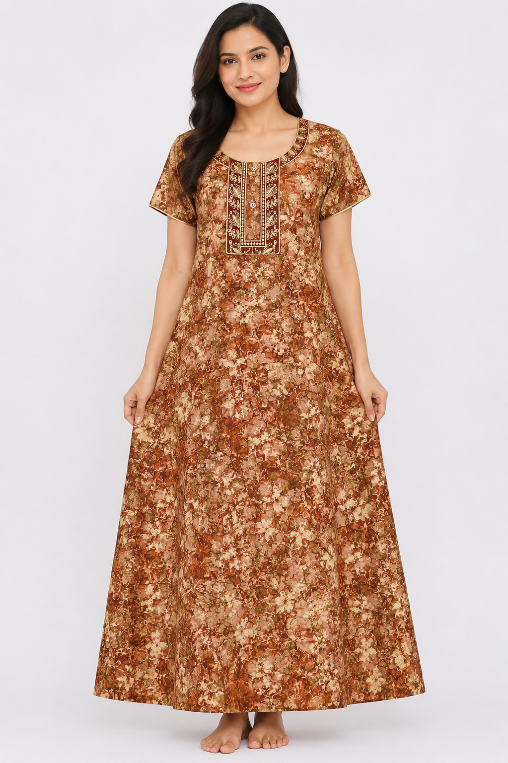 Women's maroon/purple Floral Print Maxi Nighty Rayon Fabric Embroidered Yoke