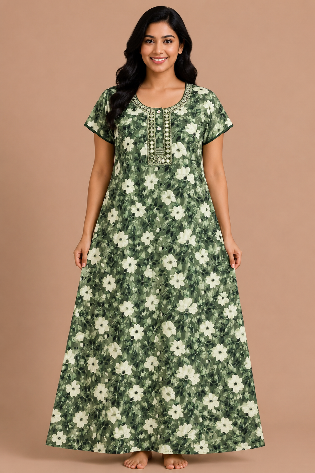 Women's Green Floral Embroidered Maxi Nighty Alpine Fabric Front Open