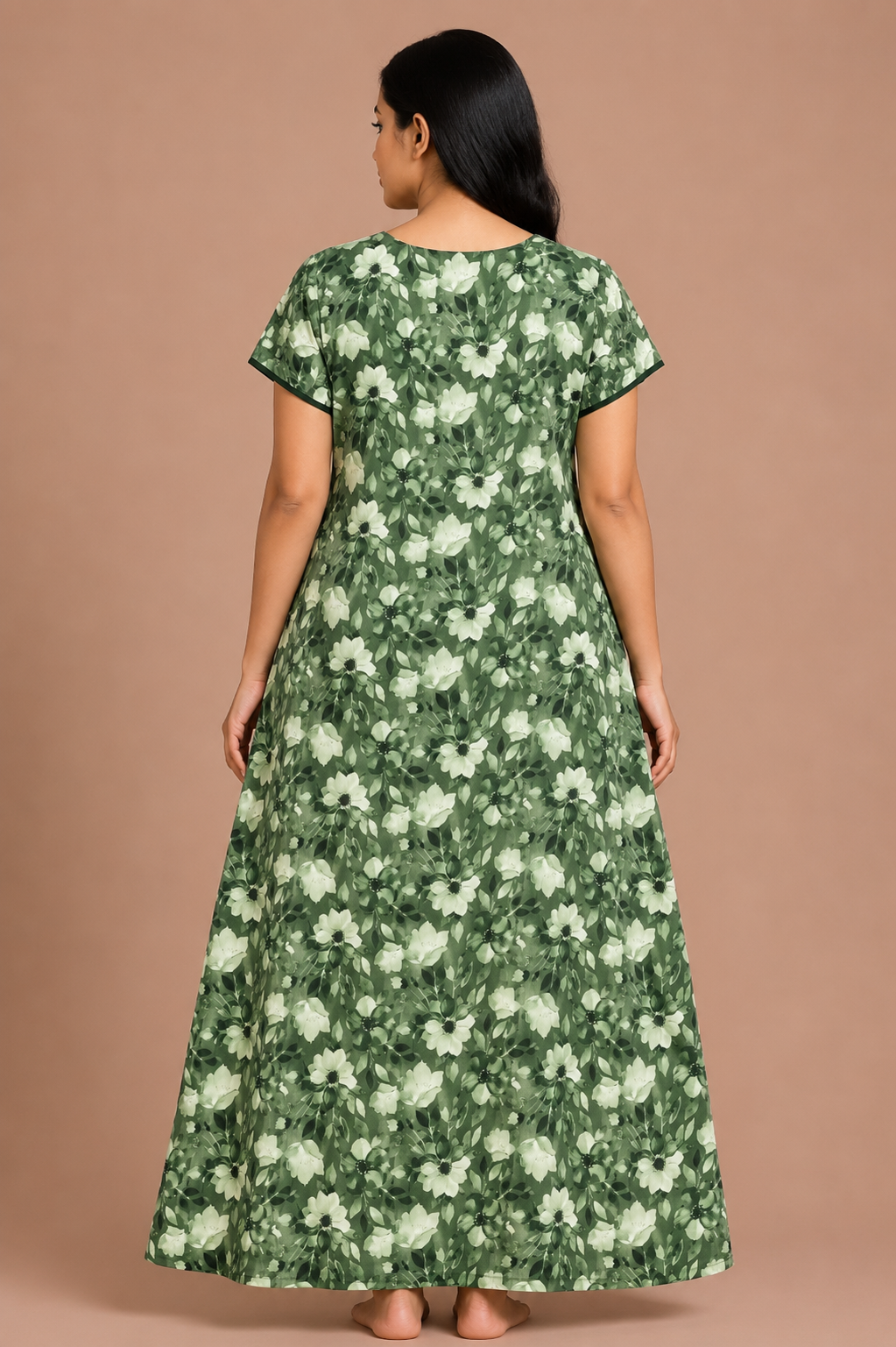 Women's Green Floral Embroidered Maxi Nighty Alpine Fabric Front Open