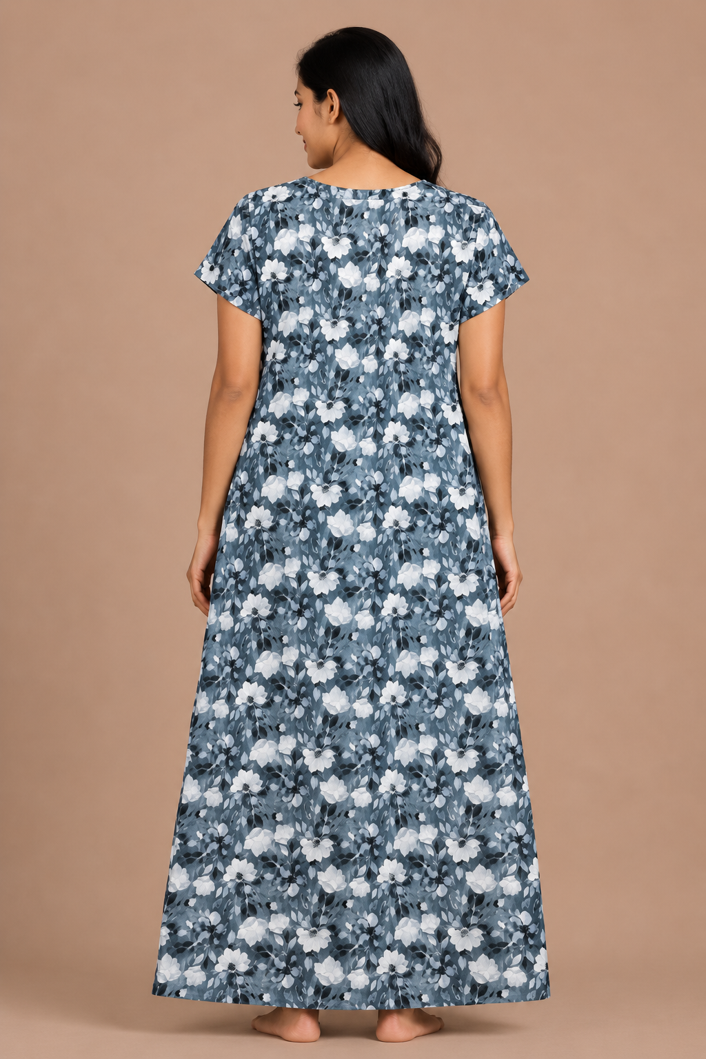 Women's steel blue Floral Embroidered Maxi Nighty Alpine Fabric Front Open