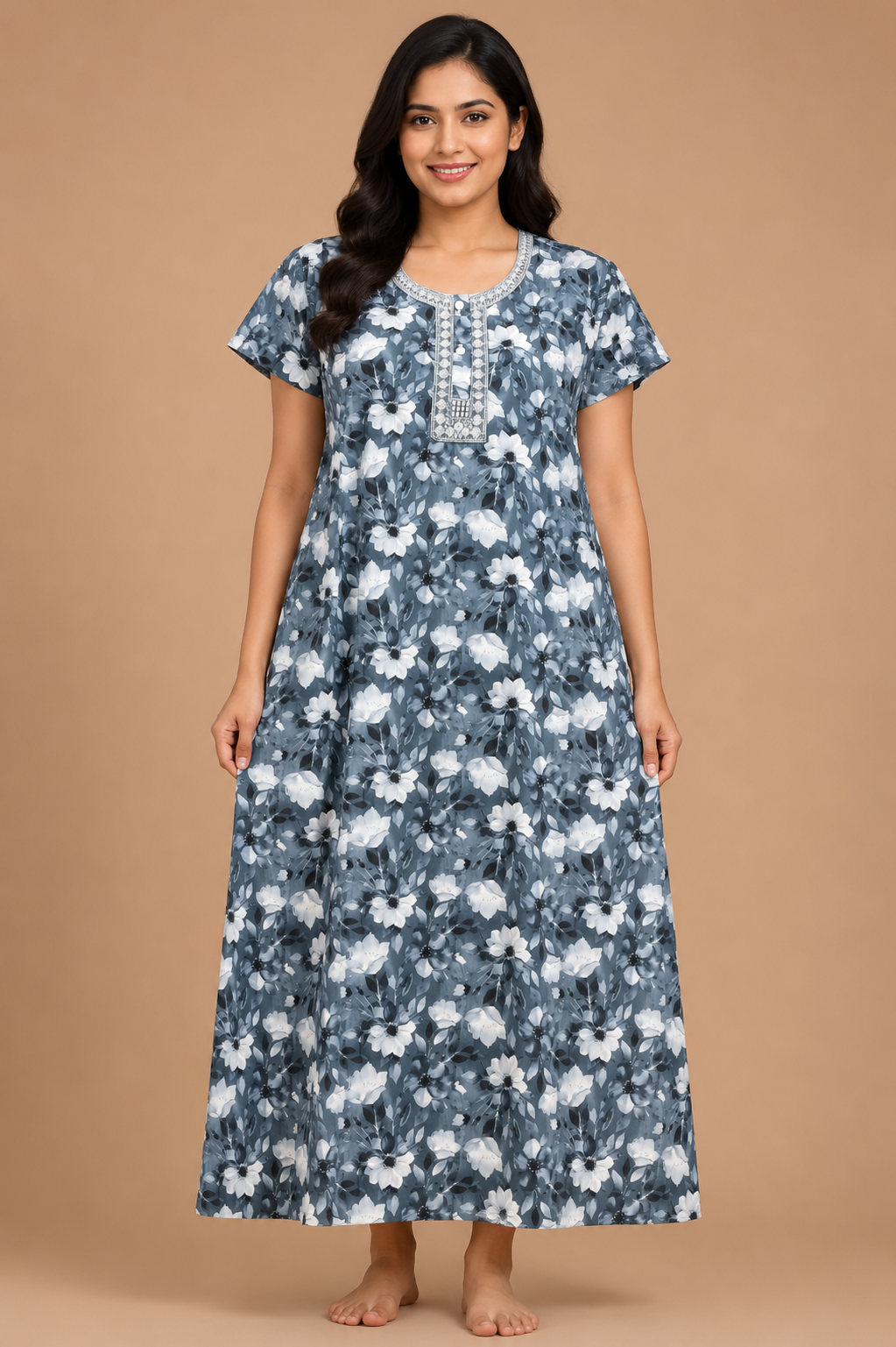 Women's steel blue Floral Embroidered Maxi Nighty Alpine Fabric Front Open