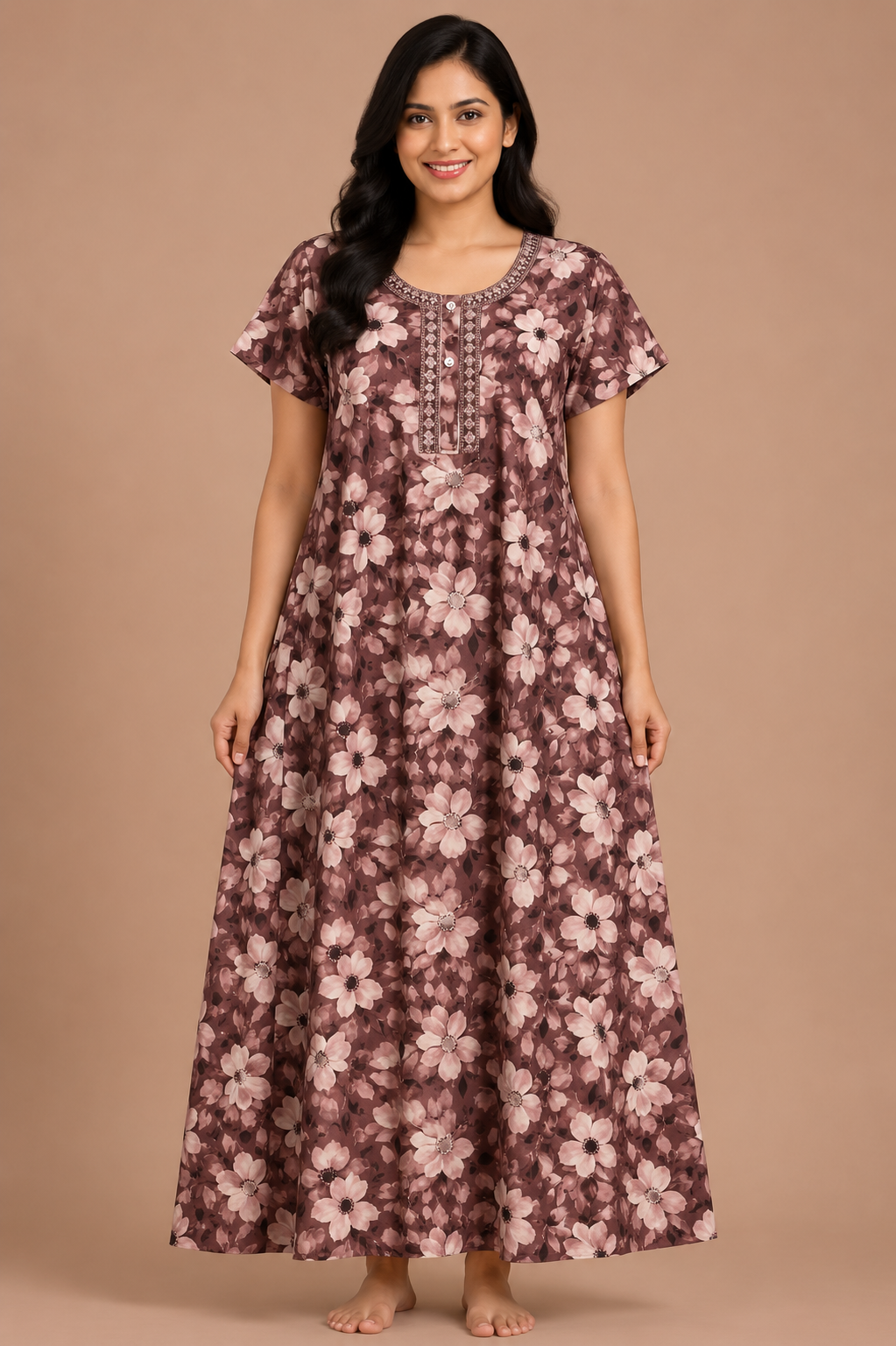 Women's dusty rose Floral Embroidered Maxi Nighty Alpine Fabric Front Open