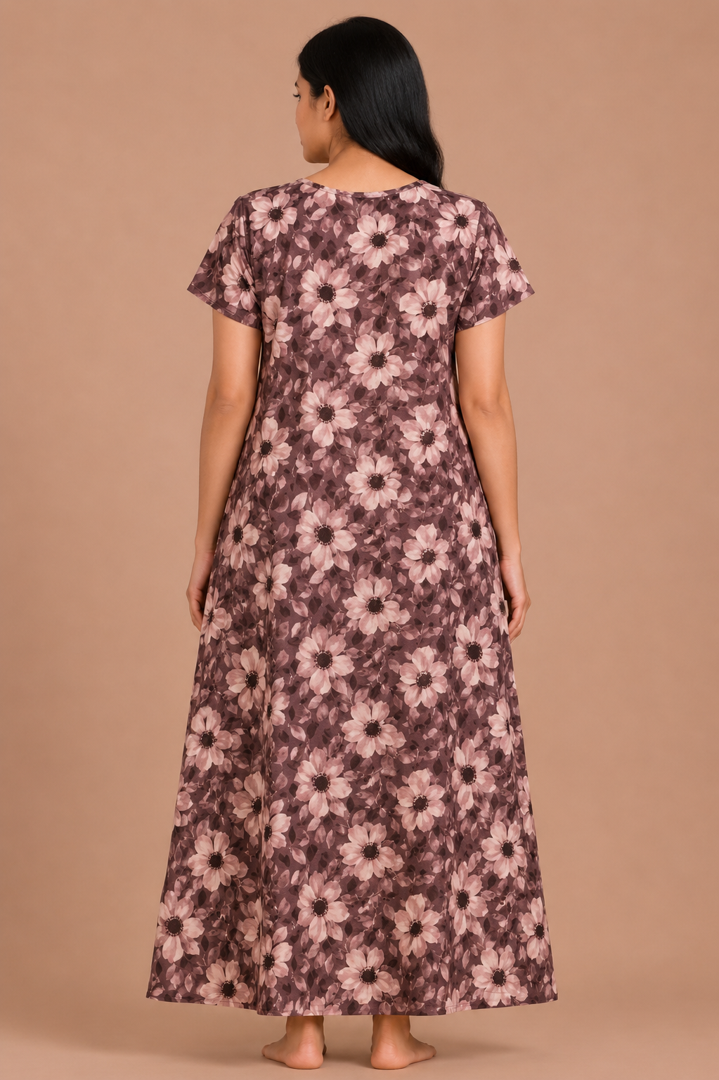 Women's dusty rose Floral Embroidered Maxi Nighty Alpine Fabric Front Open