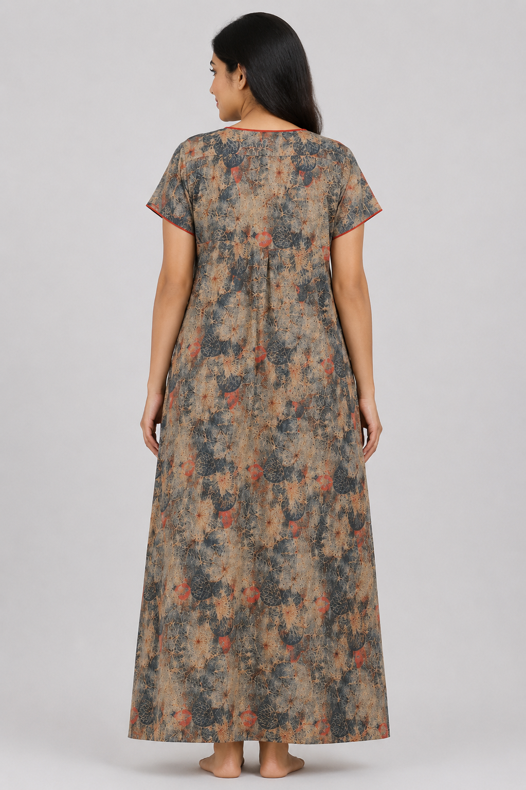 Women's light brown Abstract Print Maxi Nighty Rayon Fabric Waist Tie