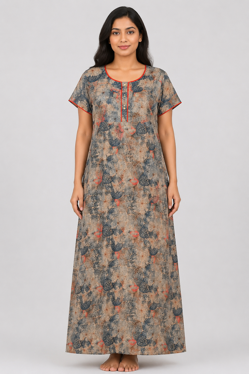 Women's light brown Abstract Print Maxi Nighty Rayon Fabric Waist Tie