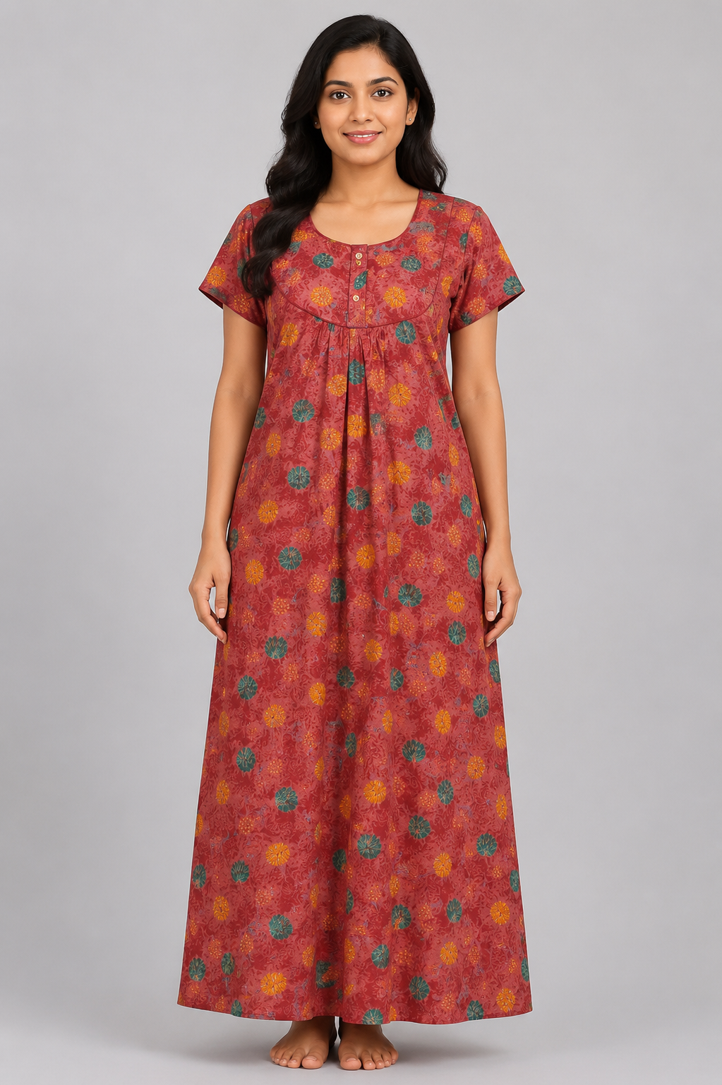 Women's charcoal grey Floral Print Maxi Nighty Rayon Fabric Front Open