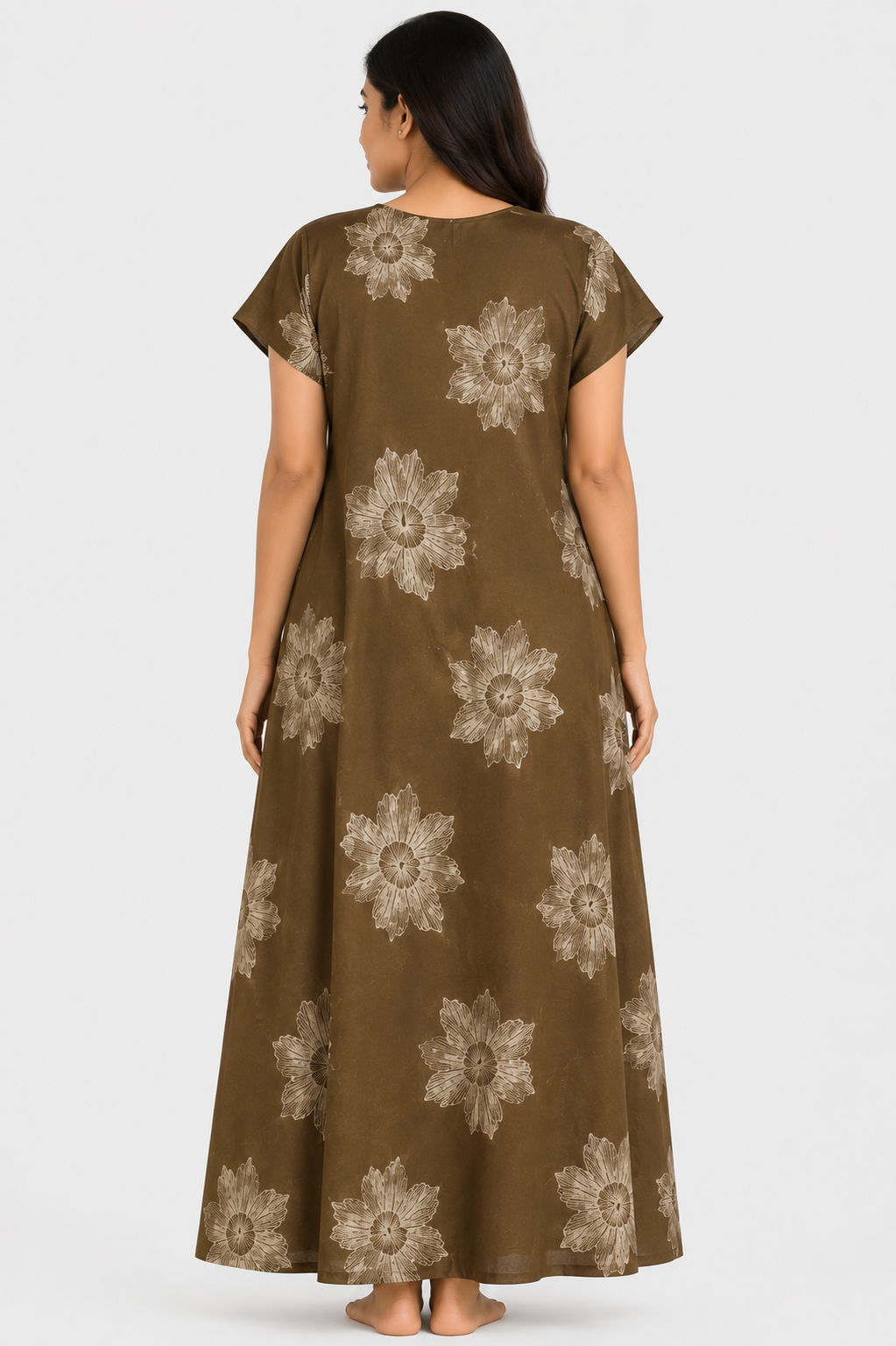Women's Navy Blue Floral Print Maxi Nighty Rayon Fabric Front Open.