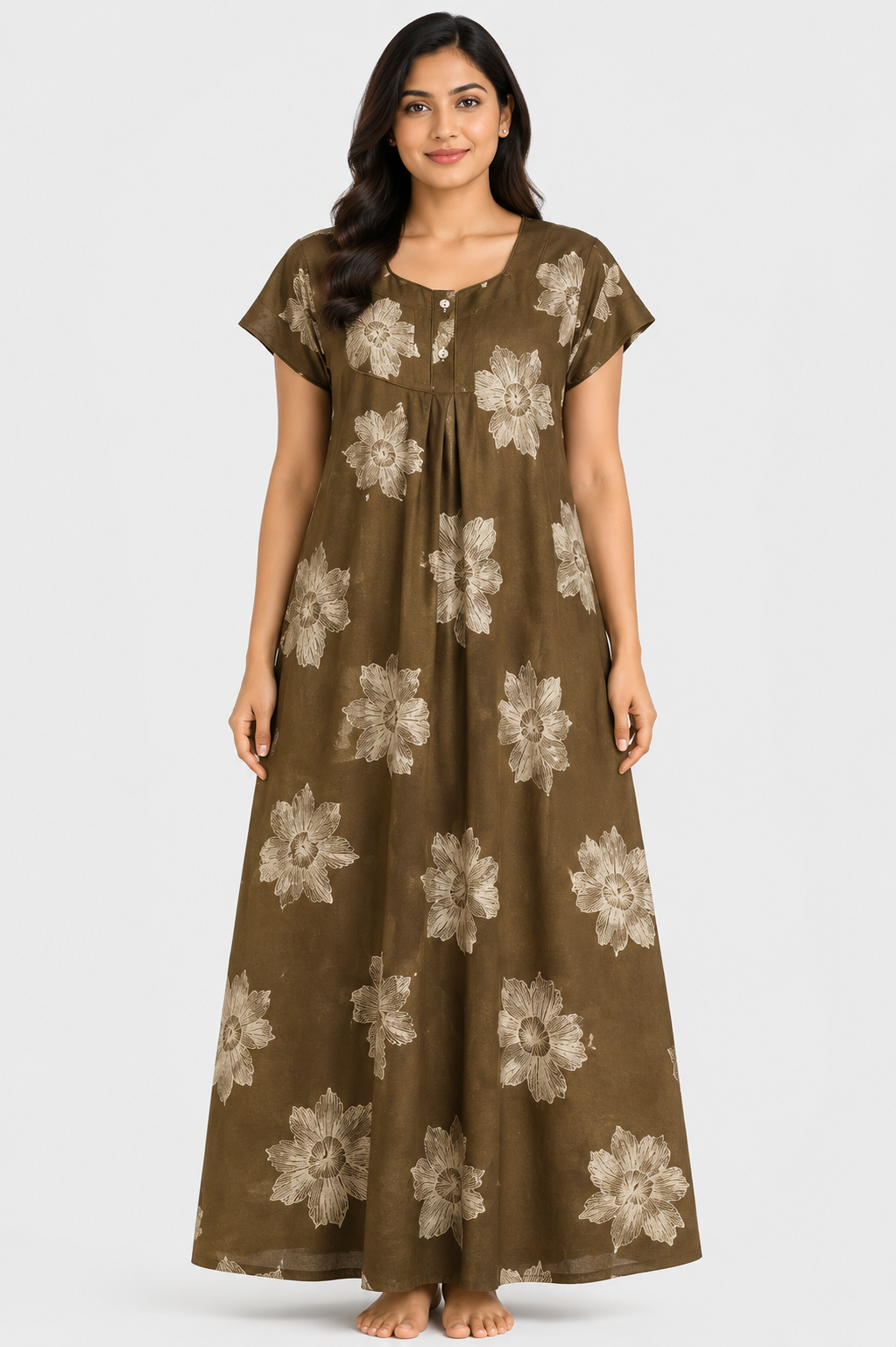 Women's Navy Blue Floral Print Maxi Nighty Rayon Fabric Front Open.