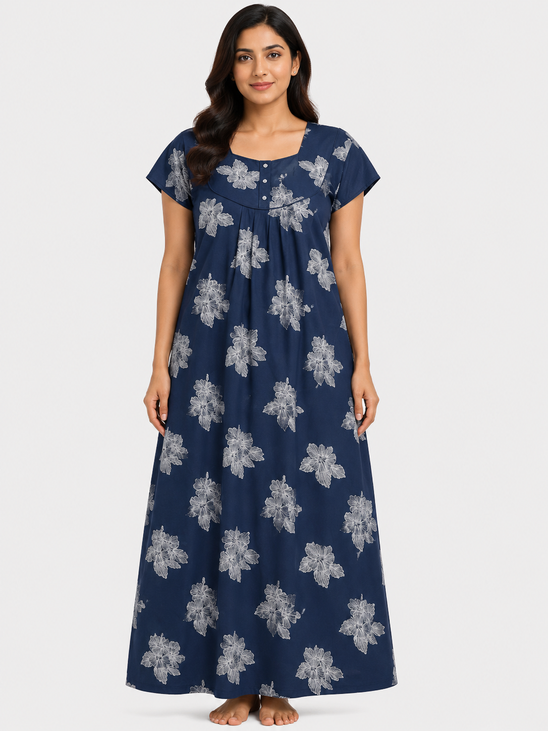 Women's Navy Blue Floral Print Maxi Nighty Rayon Fabric Front Open.