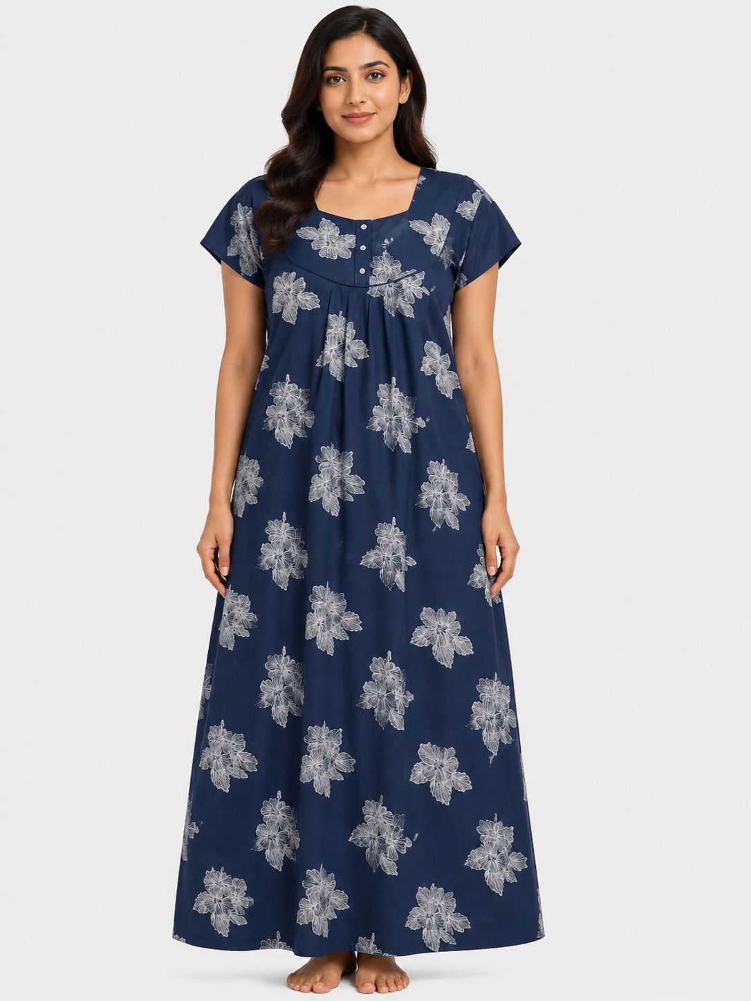 Women's Navy Blue Floral Print Maxi Nighty Rayon Fabric Front Open.