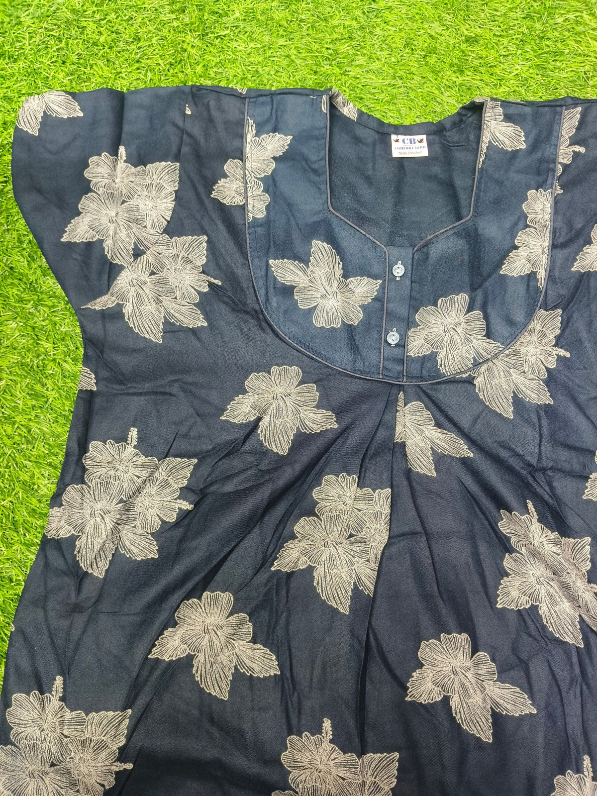 Women's Navy Blue Floral Print Maxi Nighty Rayon Fabric Front Open.