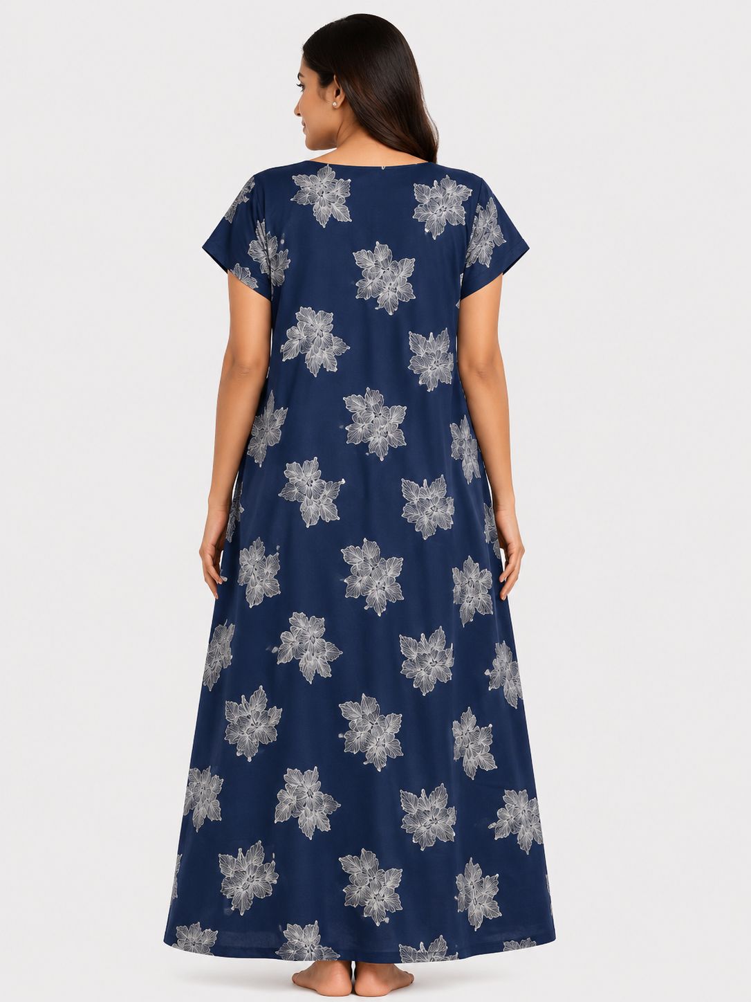 Women's Navy Blue Floral Print Maxi Nighty Rayon Fabric Front Open.