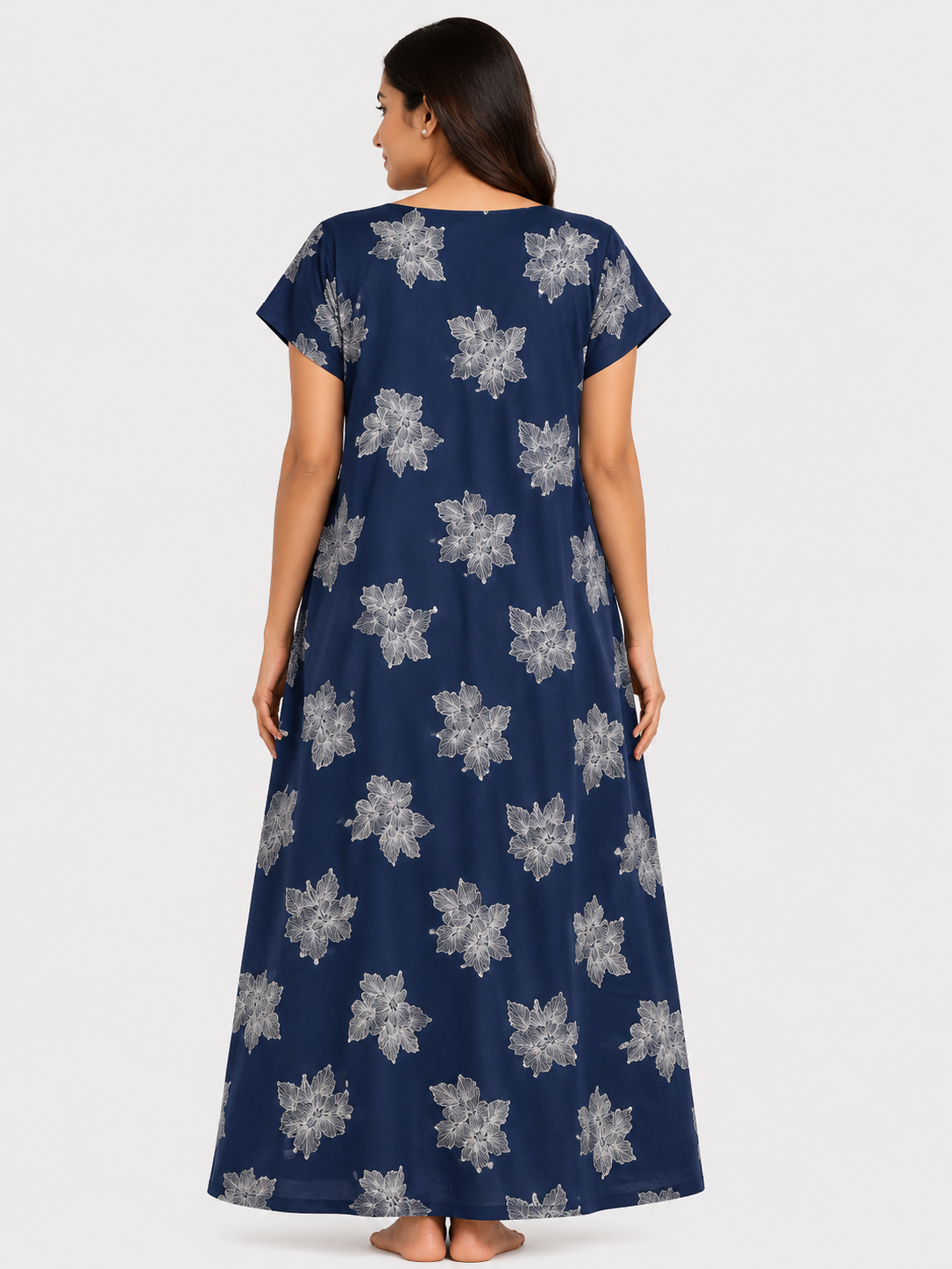 Women's Navy Blue Floral Print Maxi Nighty Rayon Fabric Front Open.