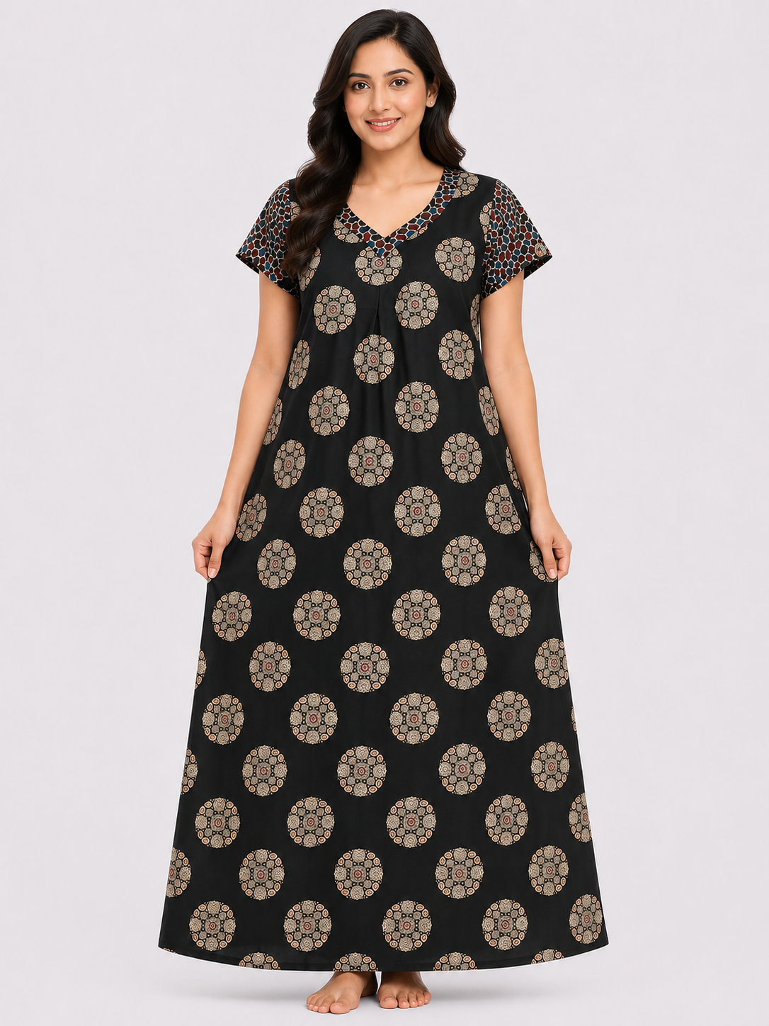 Women's Black Floral Print Maxi Nighty Rayon Fabric Front Open