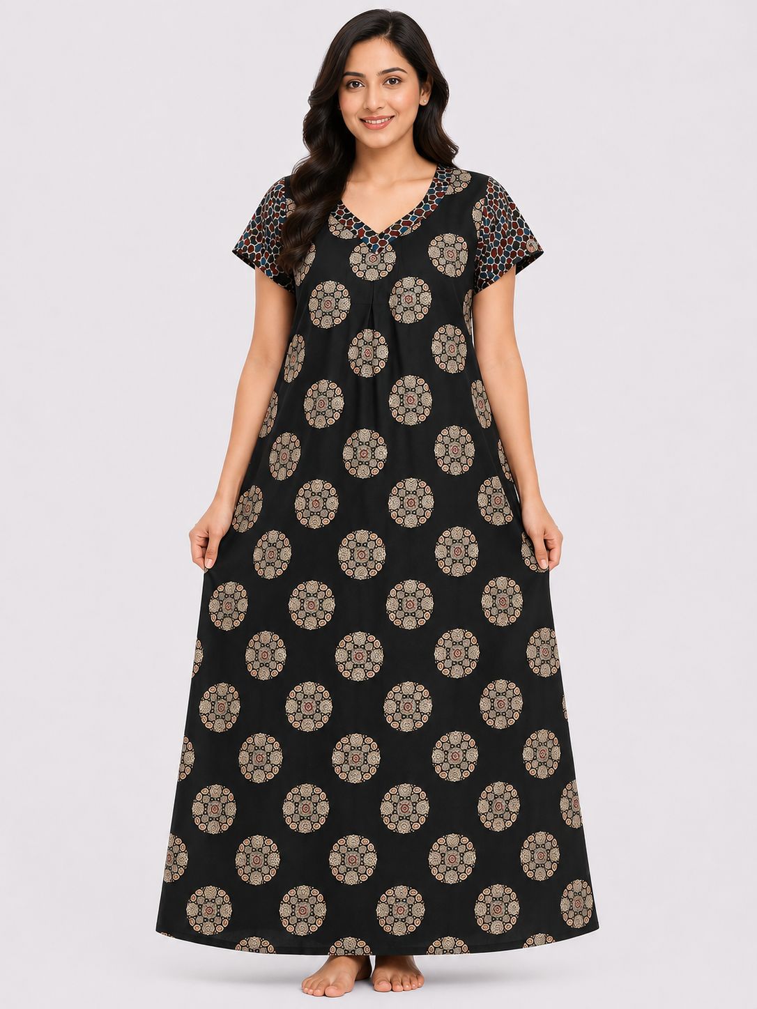 Women's Black Geometric Print Maxi Nighty Soft Cotton