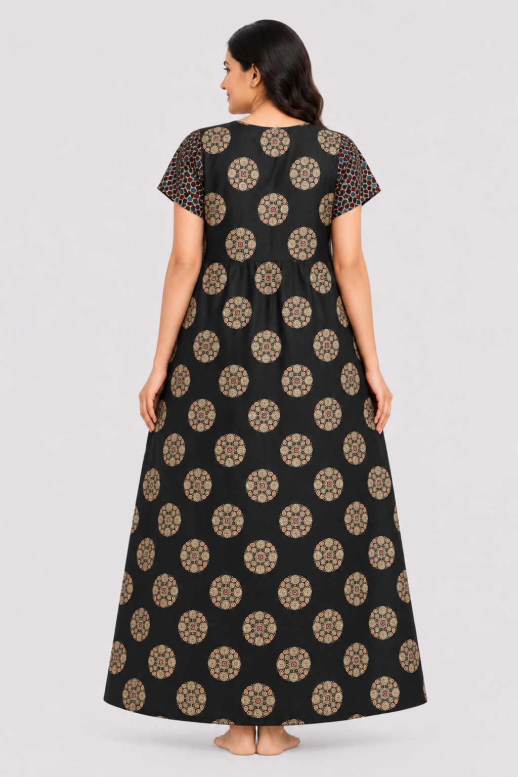 Women's Black Floral Print Maxi Nighty Rayon Fabric Front Open
