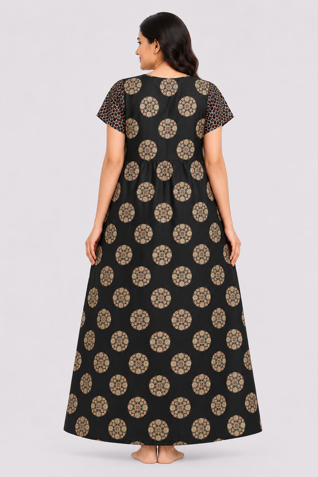 Women's Black Geometric Print Maxi Nighty Soft Cotton