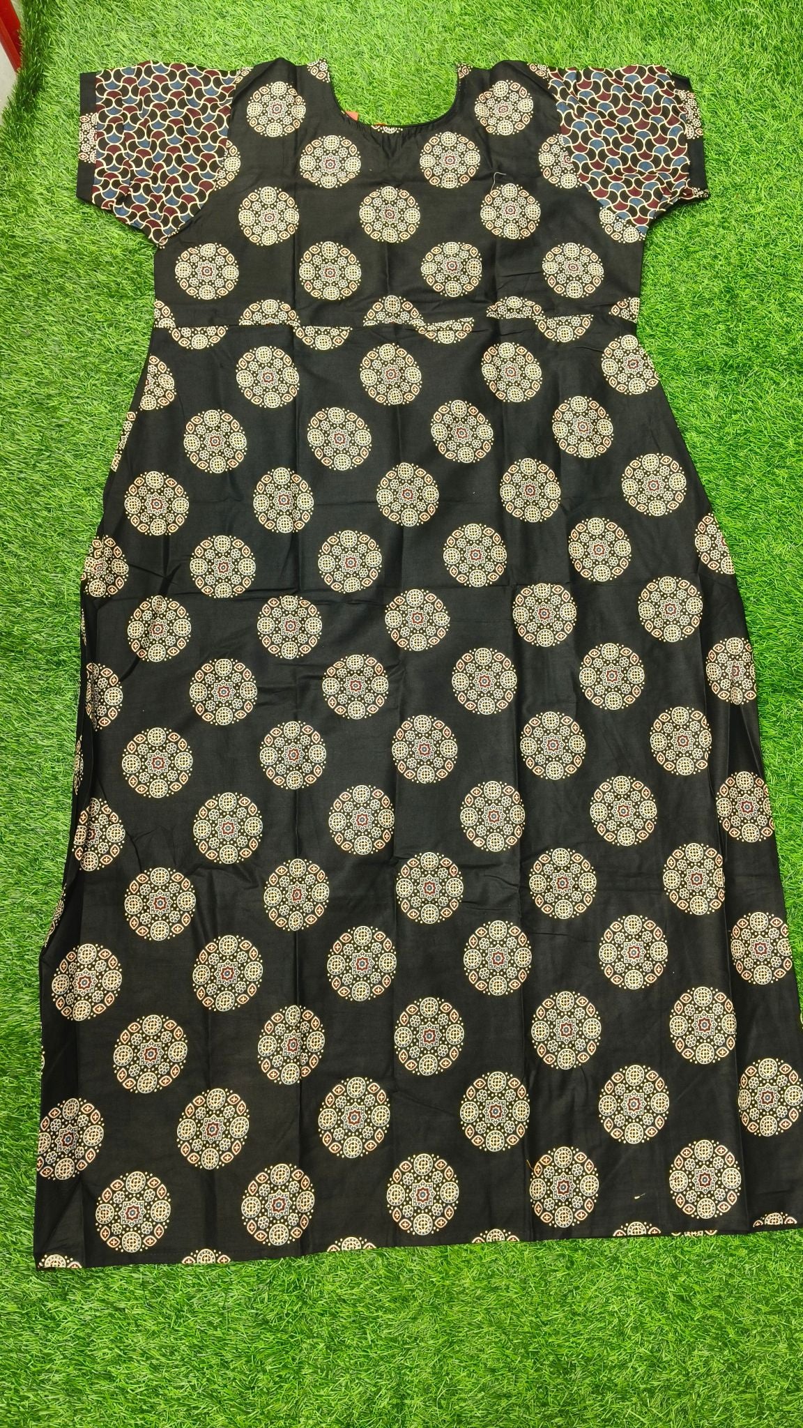 Women's Black Geometric Print Maxi Nighty Soft Cotton
