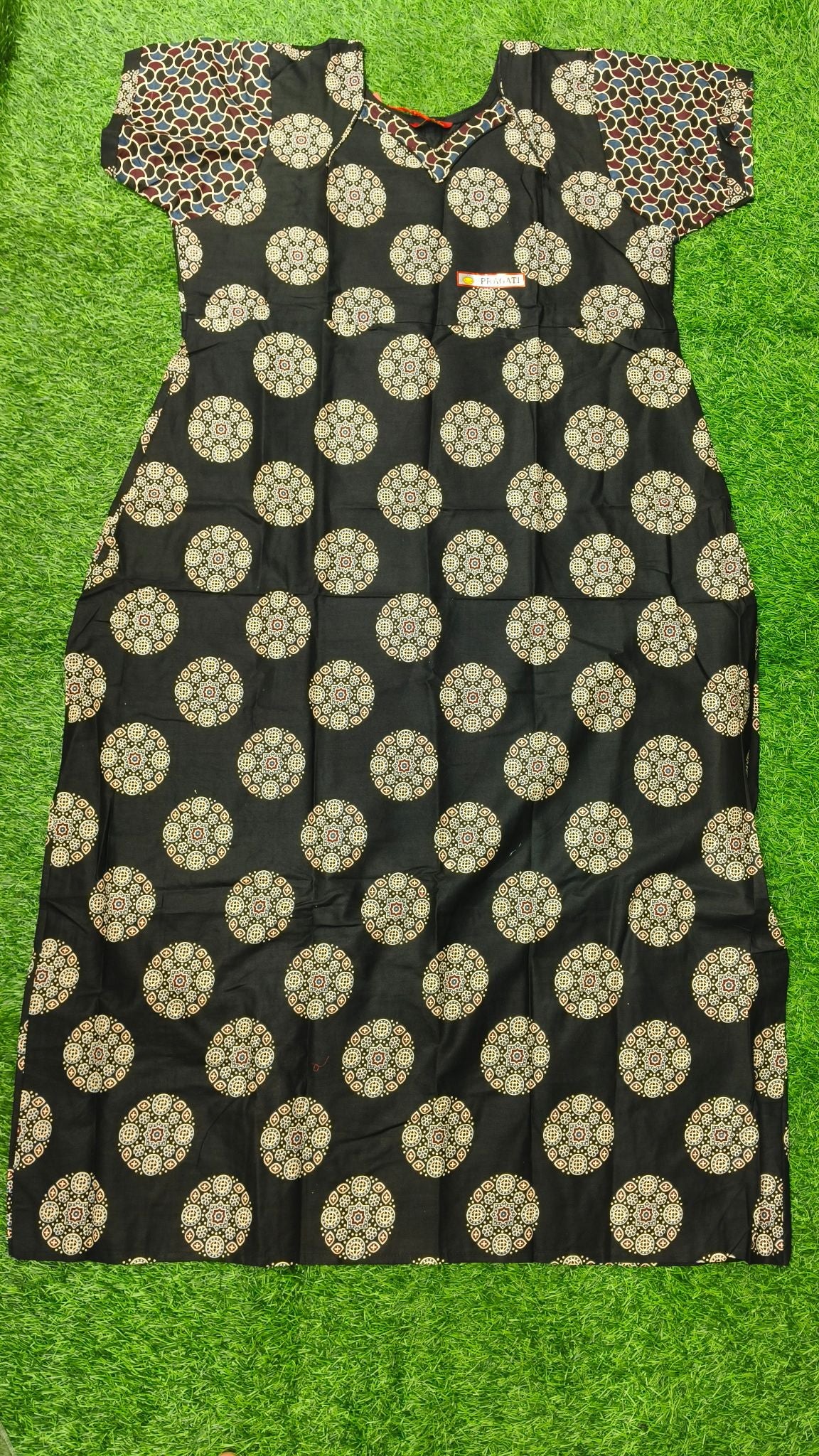 Women's Black Geometric Print Maxi Nighty Soft Cotton