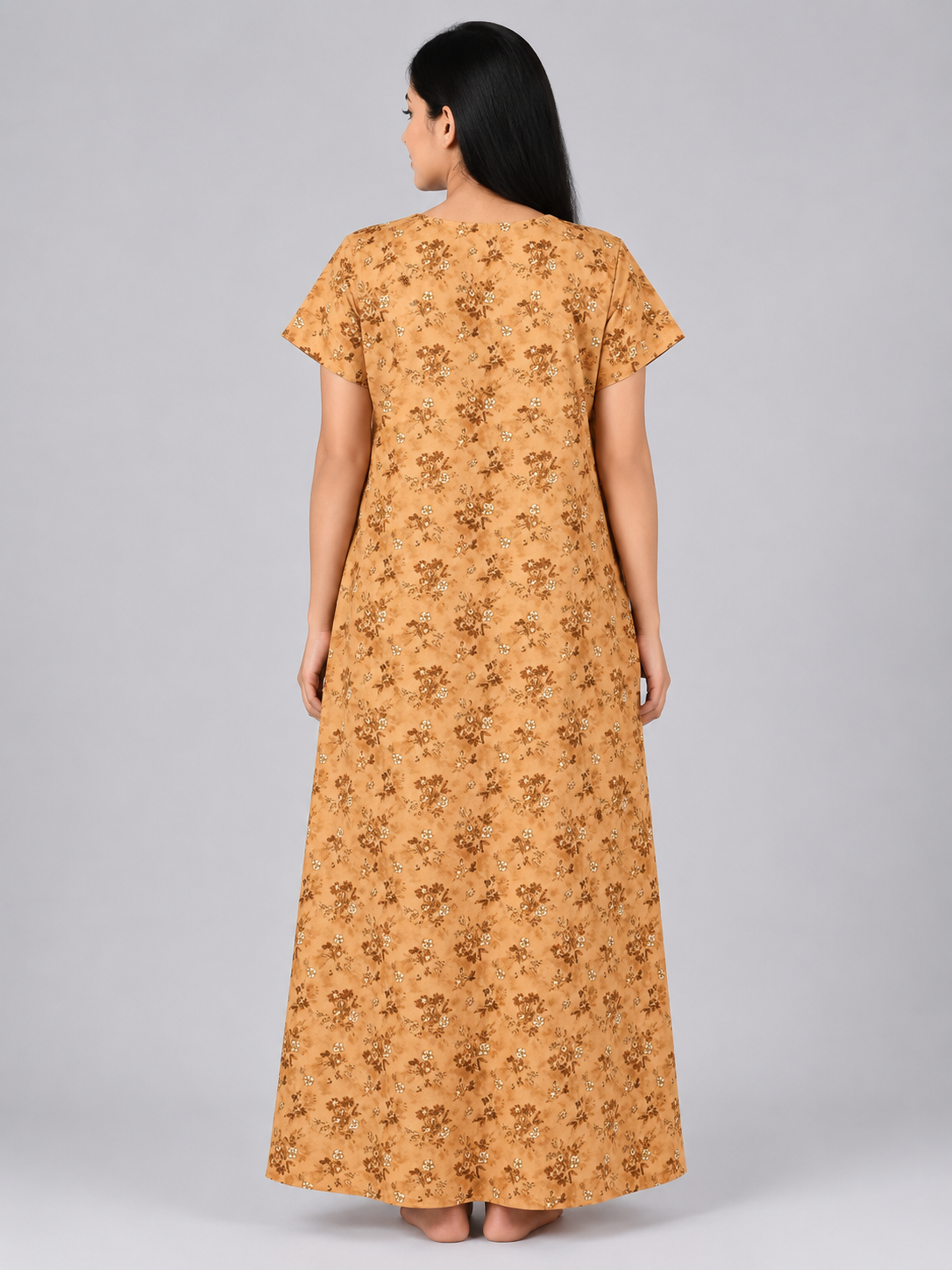 Women's dark brown Floral Print Maxi Nighty Rayon Fabric Front Open