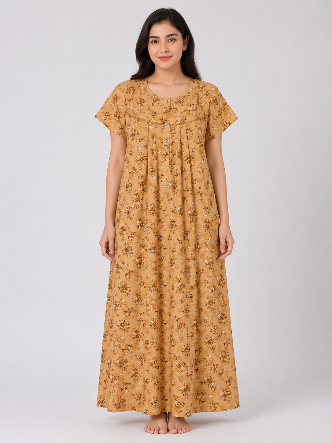 Women's dark brown Floral Print Maxi Nighty Rayon Fabric Front Open