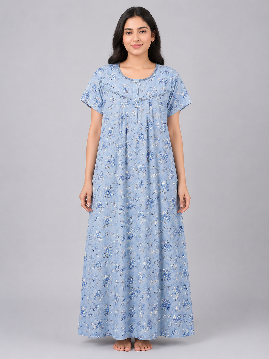 Women's Peach Tan Floral Print Maxi Nighty Rayon Fabric Front Open