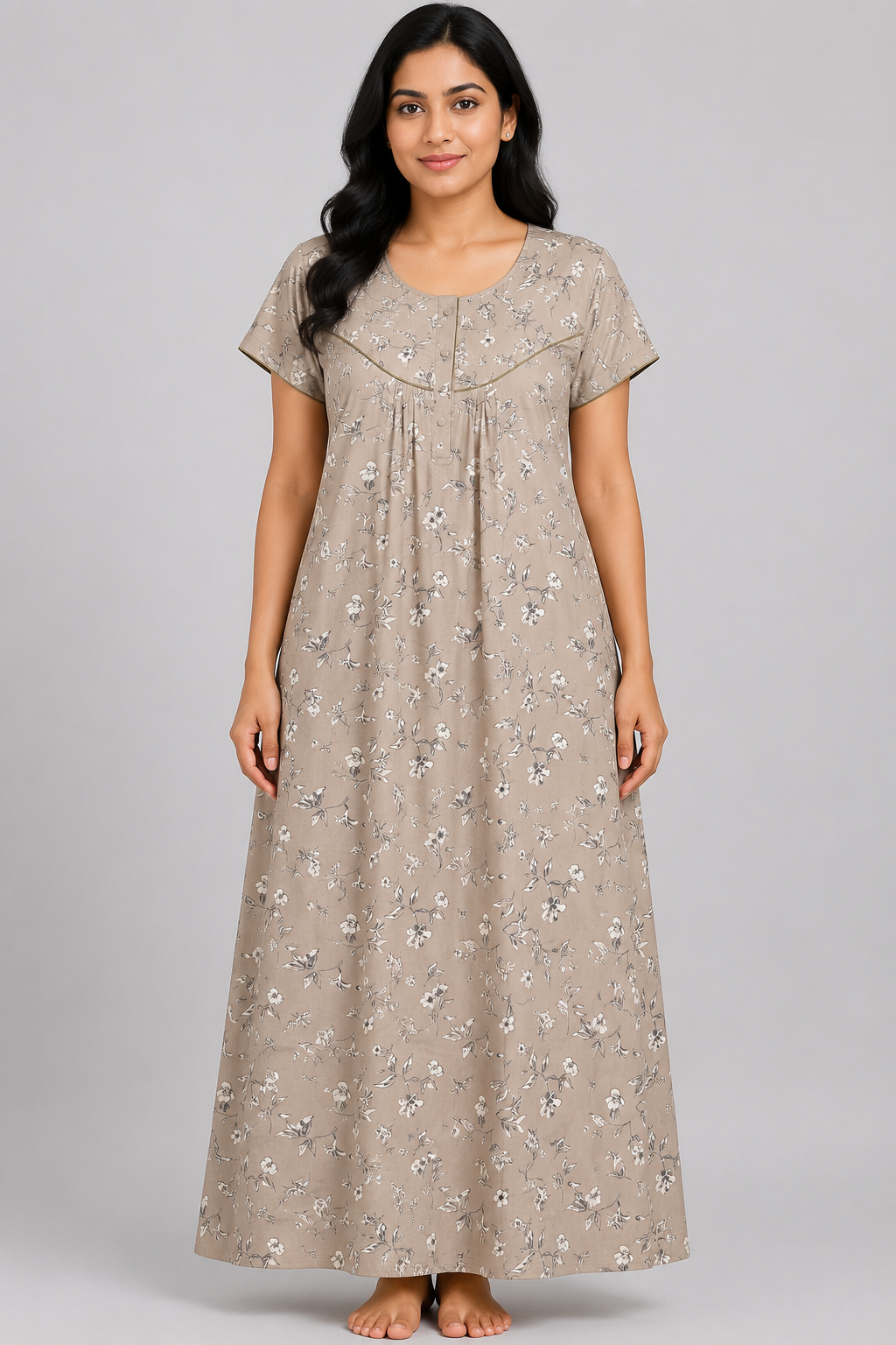 Women's Taupe Grey Floral Print Maxi Nighty Rayon Fabric Front Open