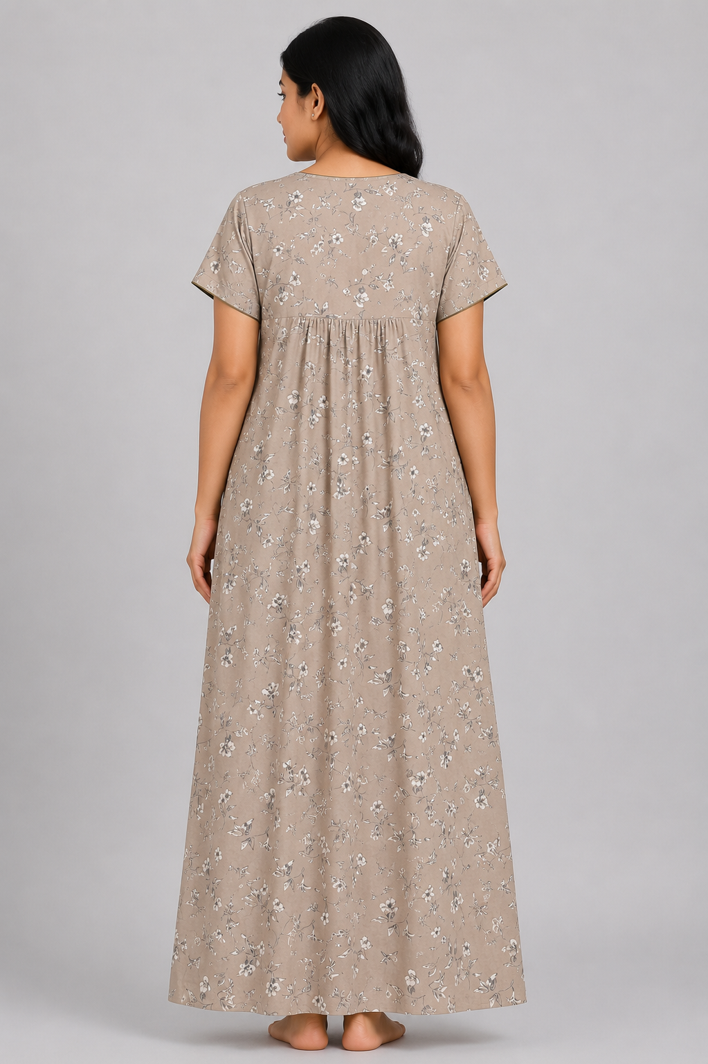 Women's Taupe Grey Floral Print Maxi Nighty Rayon Fabric Front Open