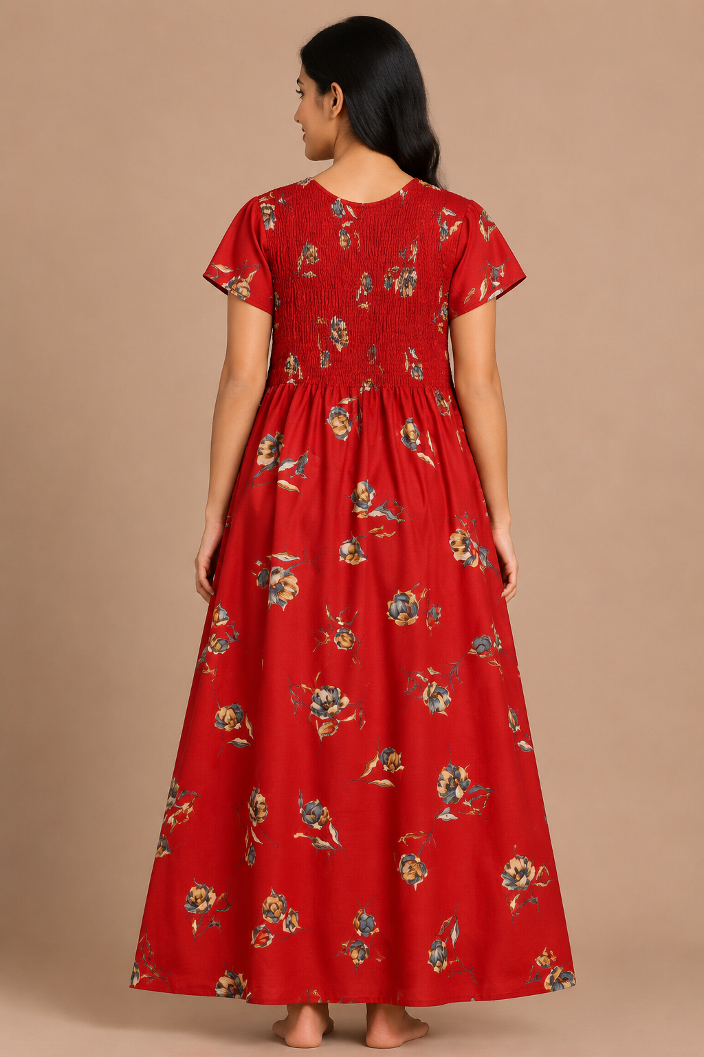 Women's maroon red Smocked Floral Maxi Nighty Rayon Fabric
