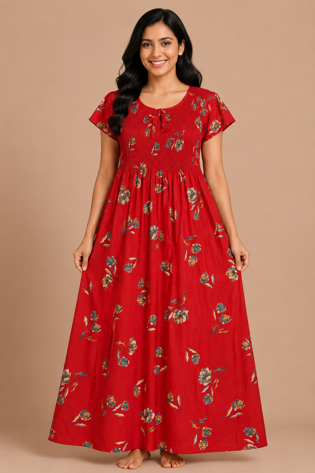 Women's maroon red Smocked Floral Maxi Nighty Rayon Fabric