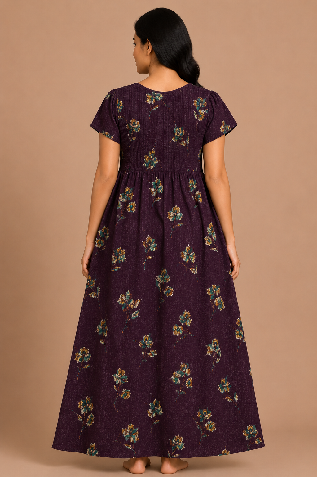 Women's Navy Blue Smocked Floral Maxi Nighty Rayon Fabric