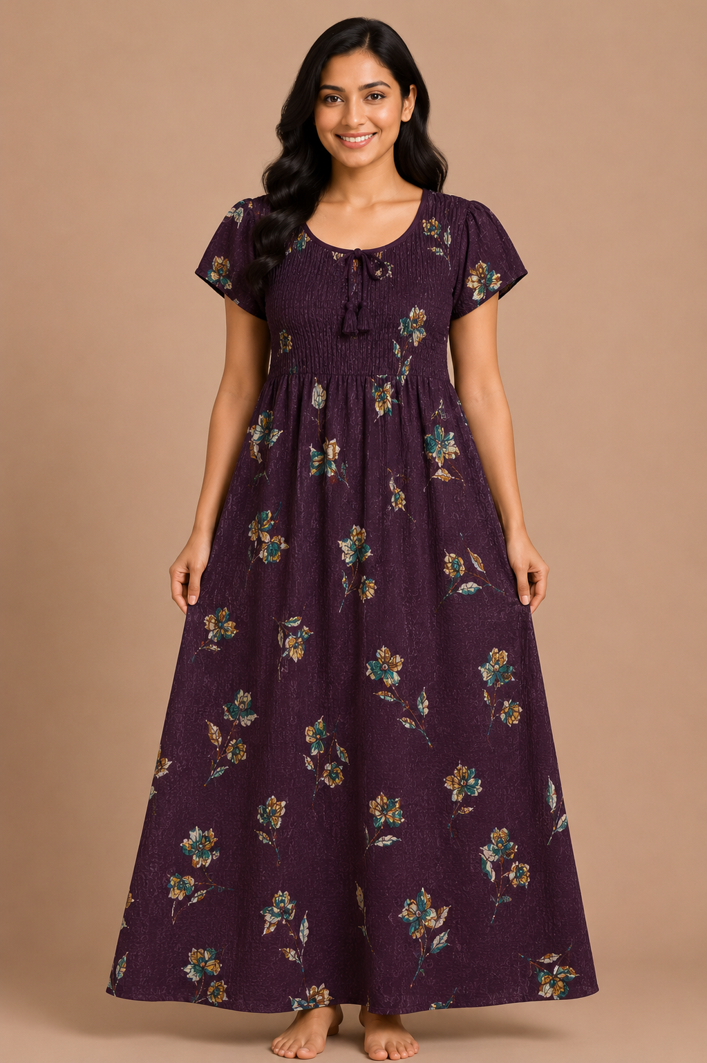 Women's Navy Blue Smocked Floral Maxi Nighty Rayon Fabric
