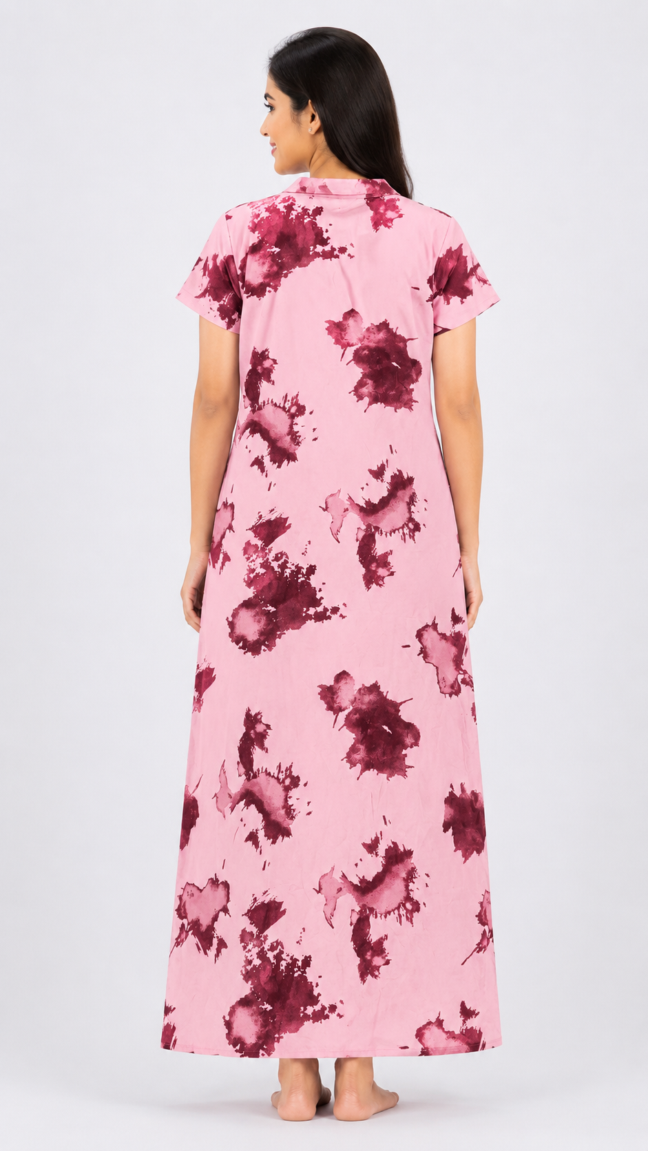Women's pink Tie Dye Maxi Nighty Alpine Fabric Collared