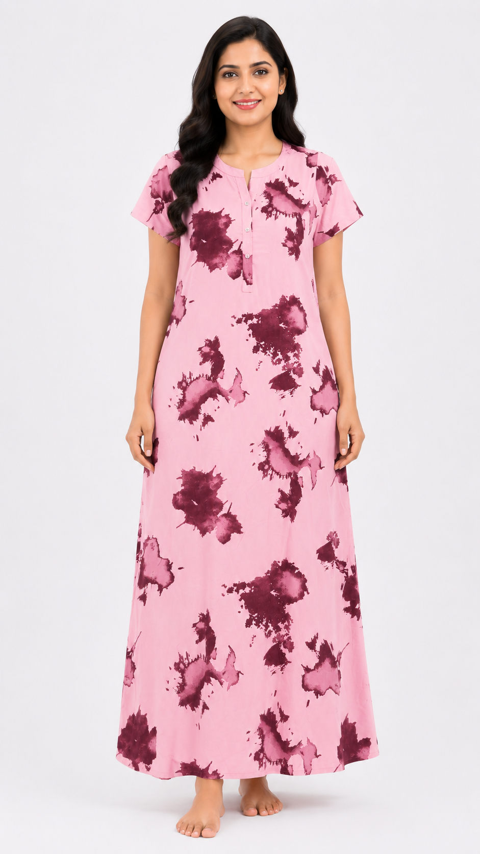 Women's pink Tie Dye Maxi Nighty Alpine Fabric Collared