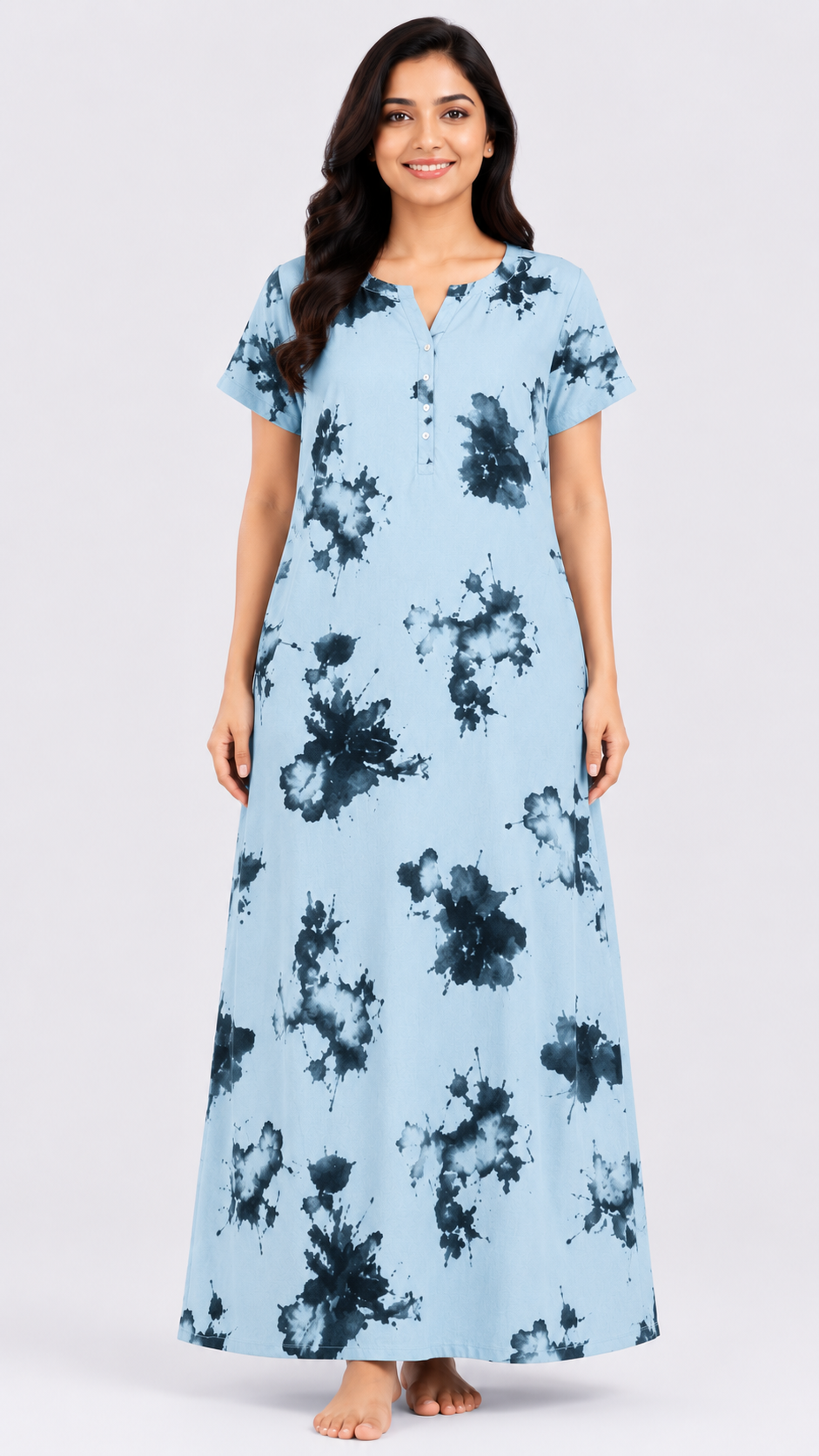 Women's light dusty blue Tie Dye Maxi Nighty Alpine Fabric Collared