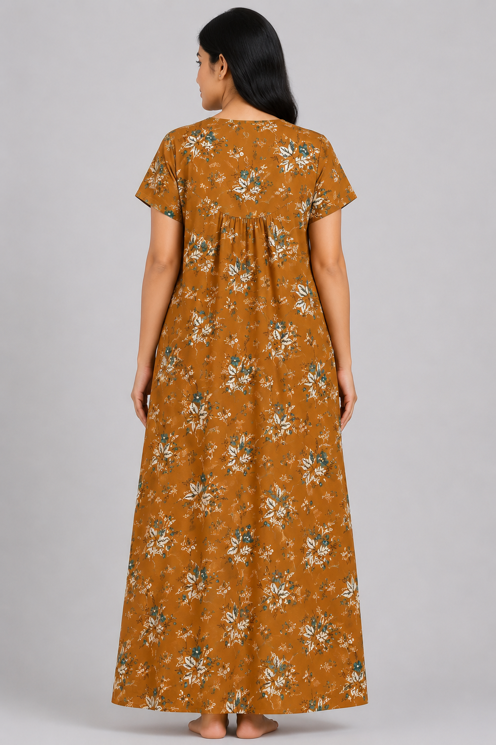 Women's Tan Brown Floral Print Maxi Nighty Rayon Fabric Front Open