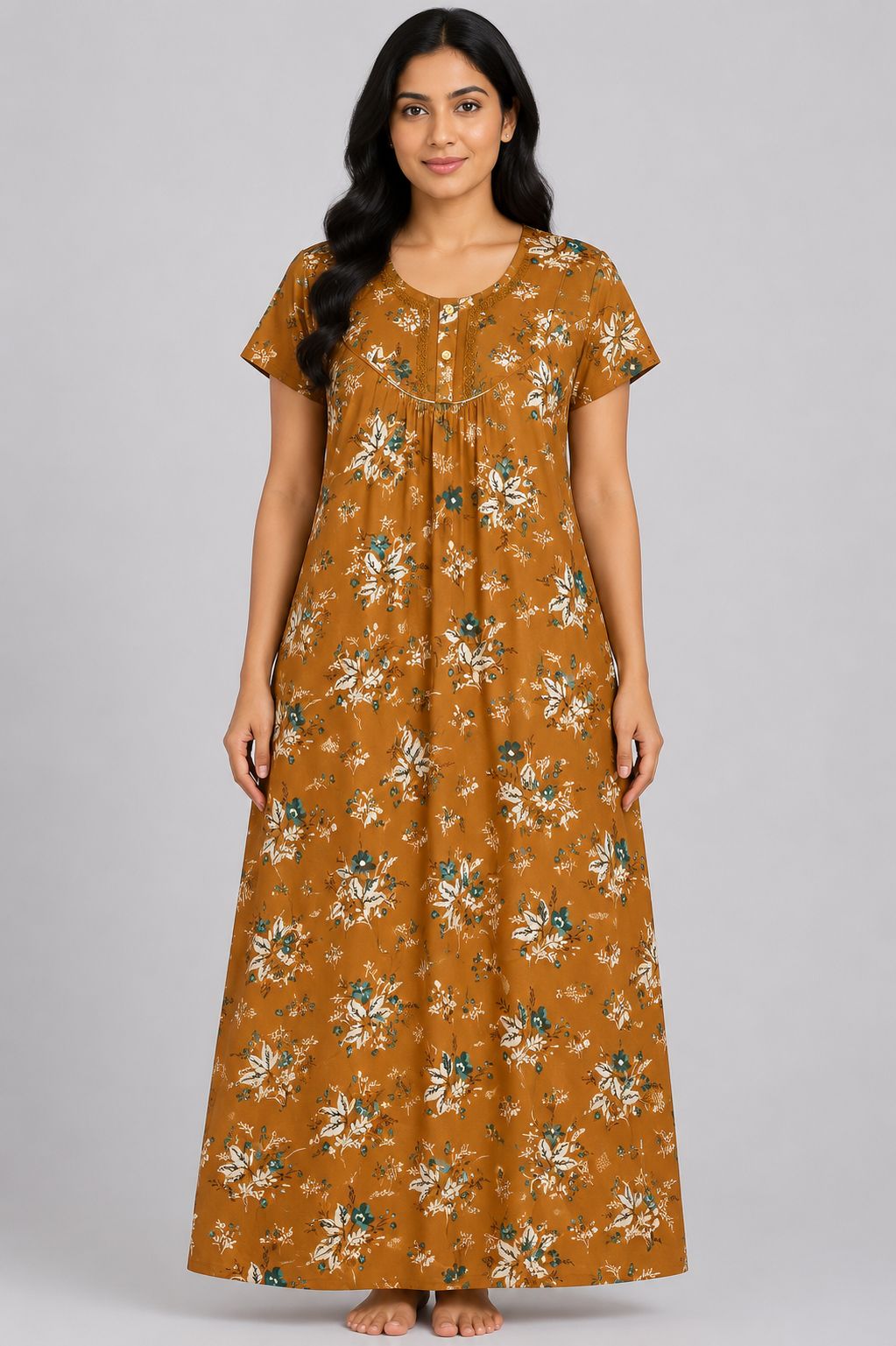 Women's Tan Brown Floral Print Maxi Nighty Rayon Fabric Front Open