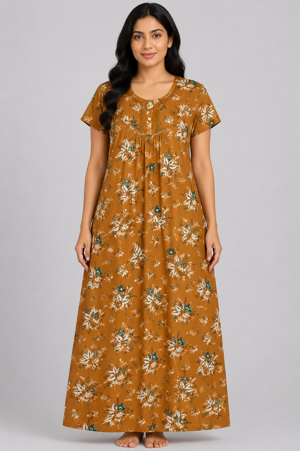 Women's Tan Brown Floral Print Maxi Nighty Rayon Fabric Front Open