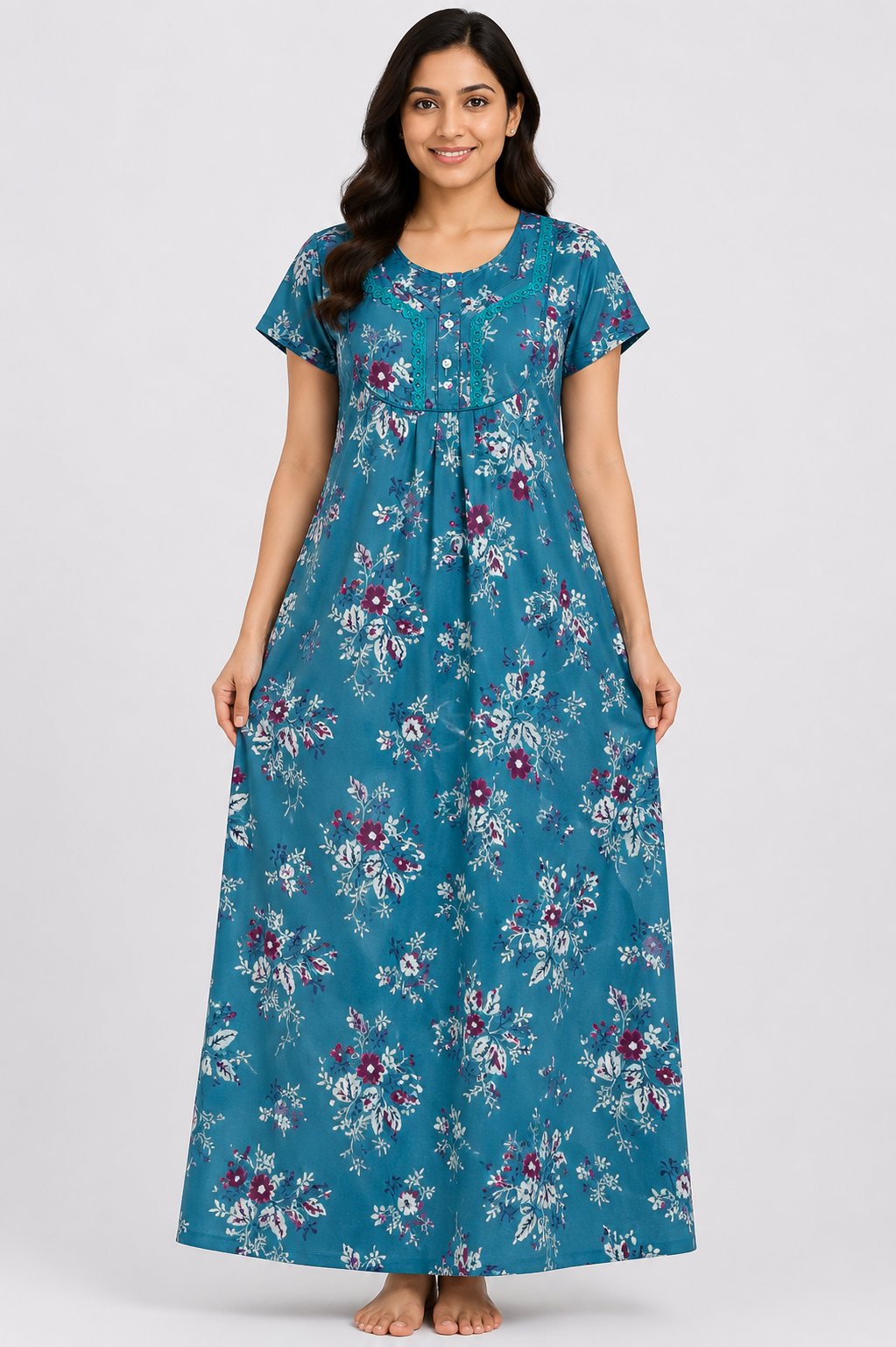 Women's dark teal green Floral Print Maxi Nighty Rayon Fabric Front Open