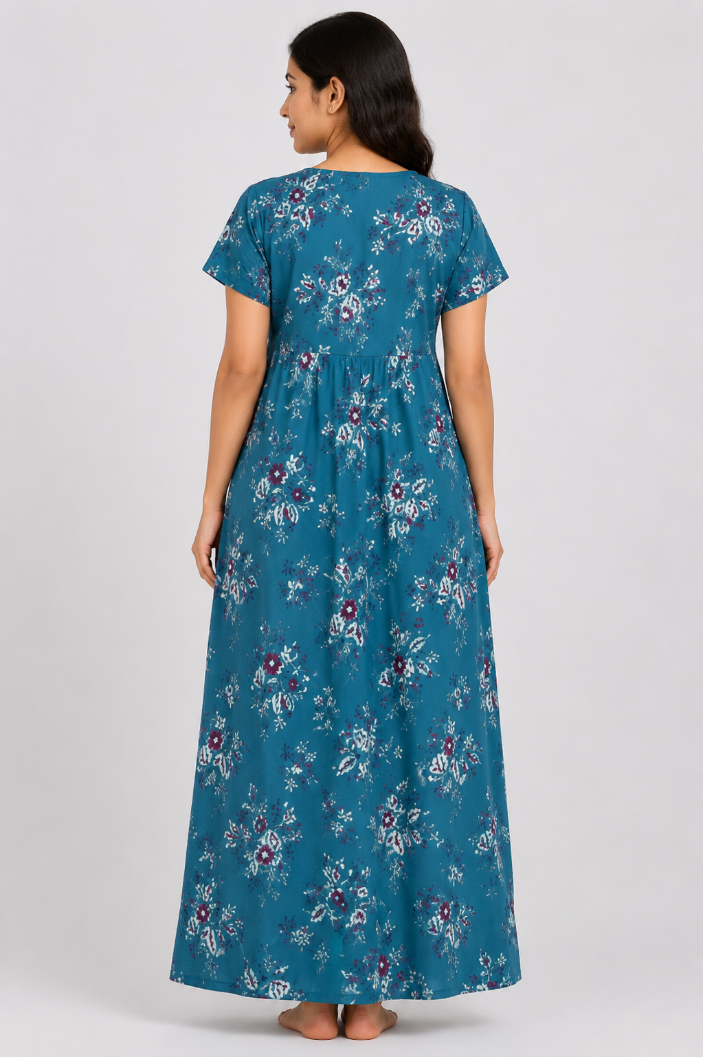 Women's dark teal green Floral Print Maxi Nighty Rayon Fabric Front Open
