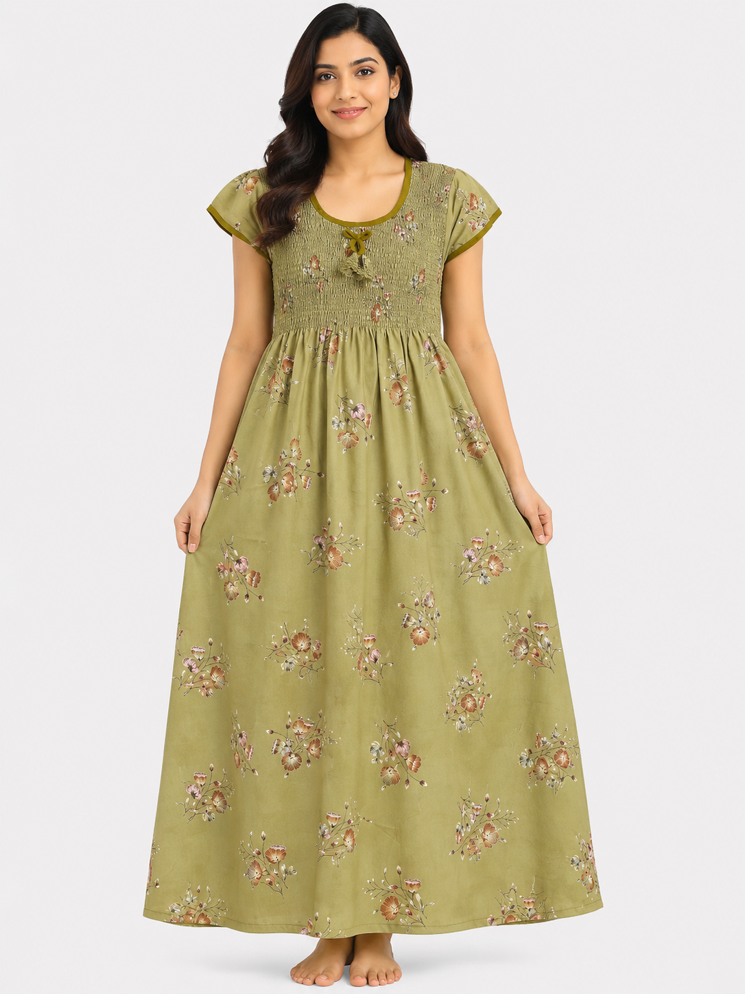Women's Olive Green Smocked Floral Maxi Nighty Rayon Fabric