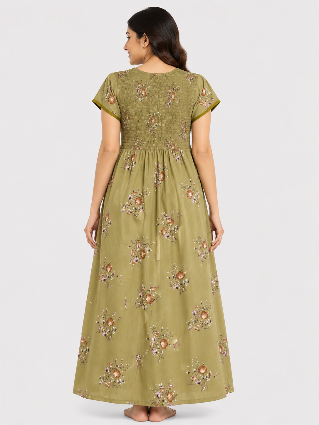 Women's Olive Green Smocked Floral Maxi Nighty Rayon Fabric