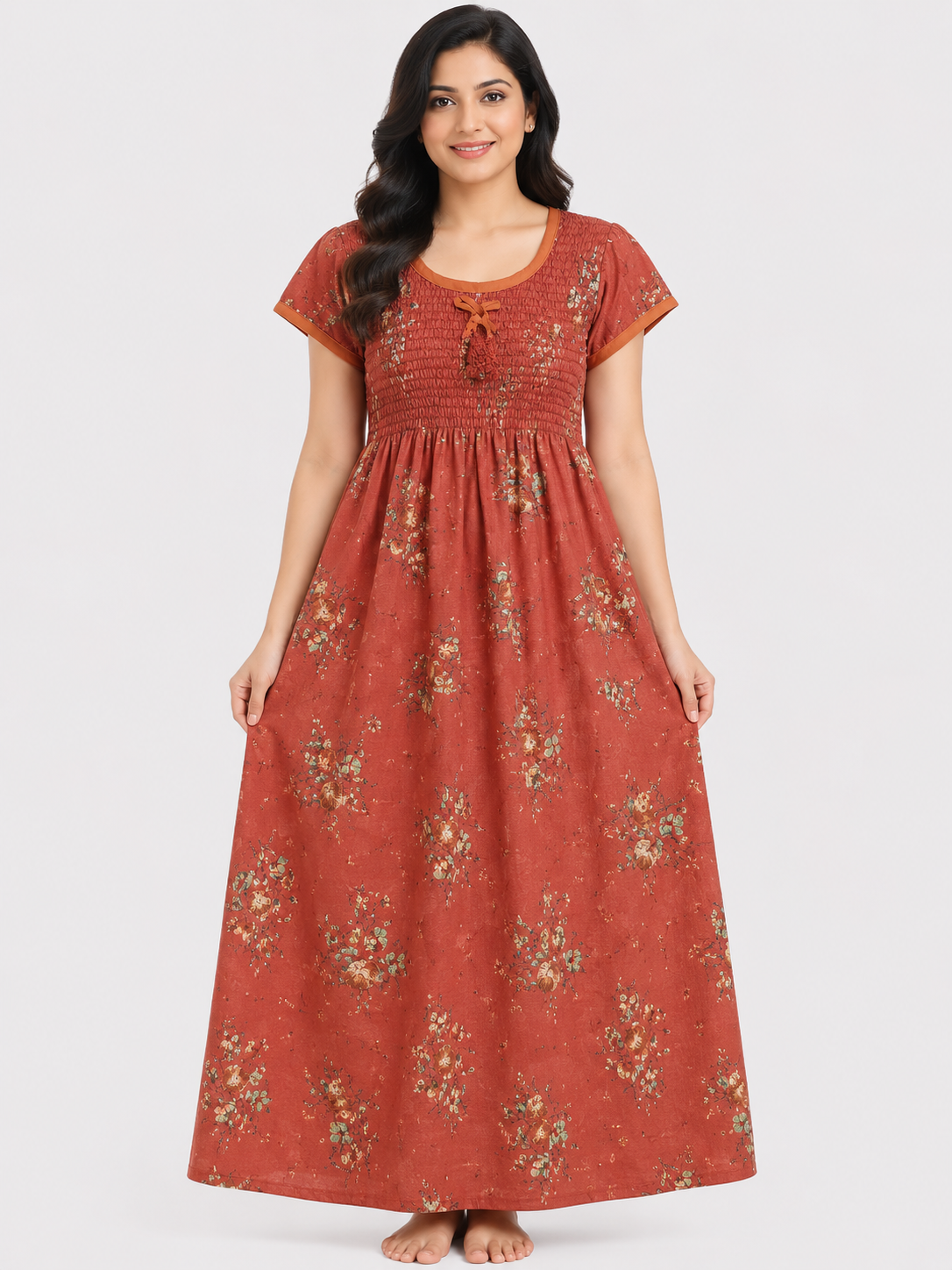 Women's slate blue  Smocked Floral Maxi Nighty Rayon Fabric